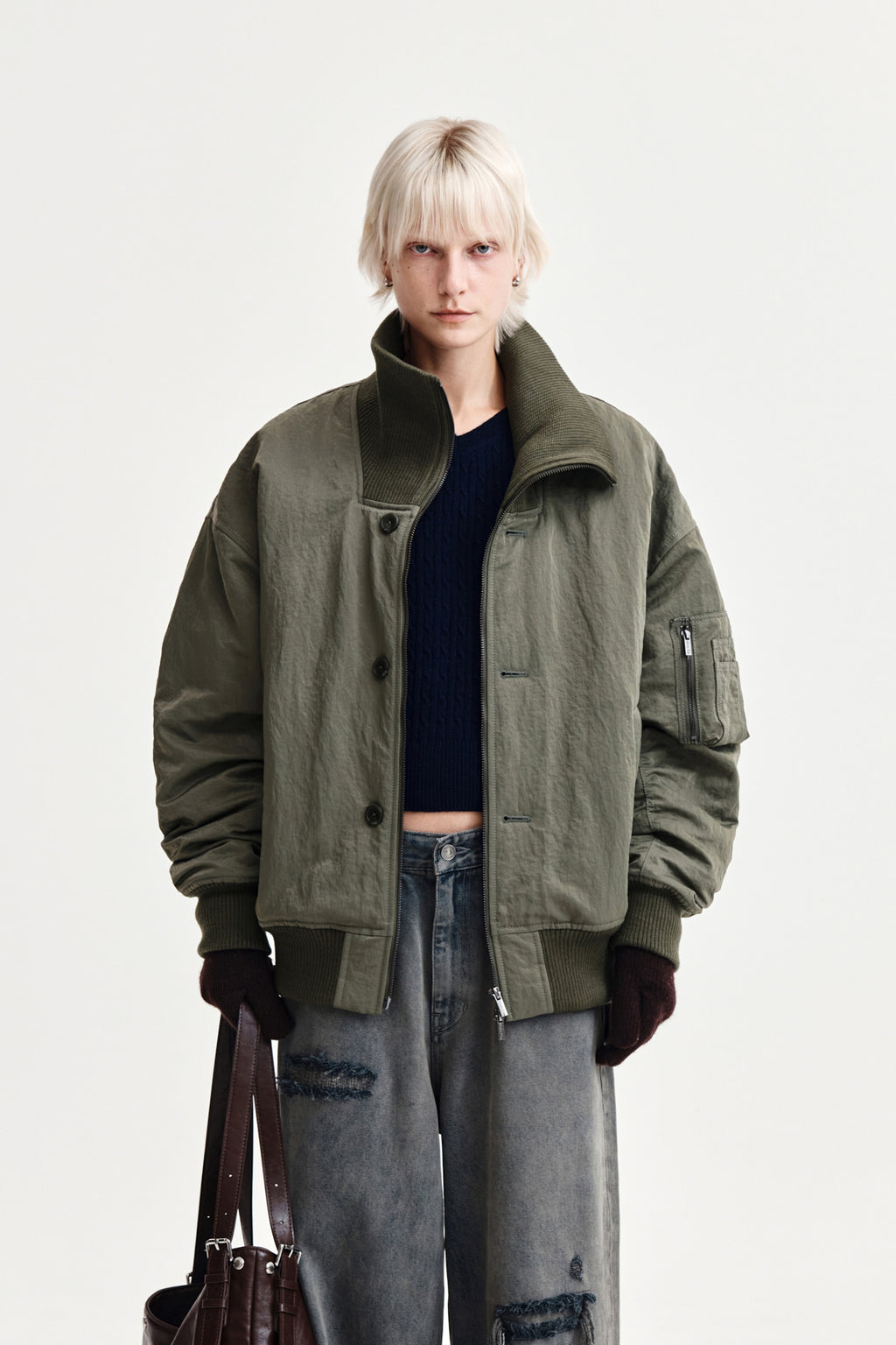 Matinkim High Neck Button Point Zip UP Jumper IN Khaki