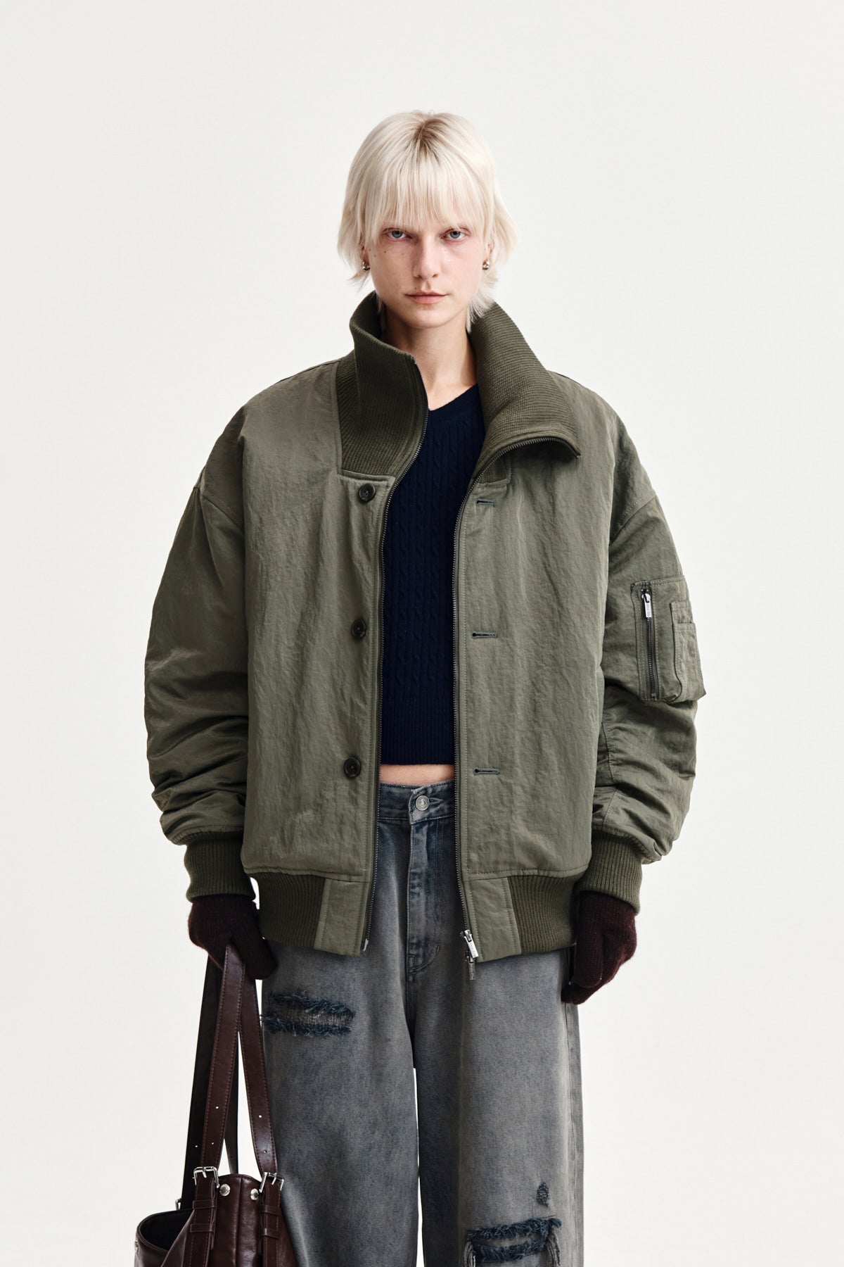 Matinkim High Neck Button Point Zip UP Jumper IN Khaki