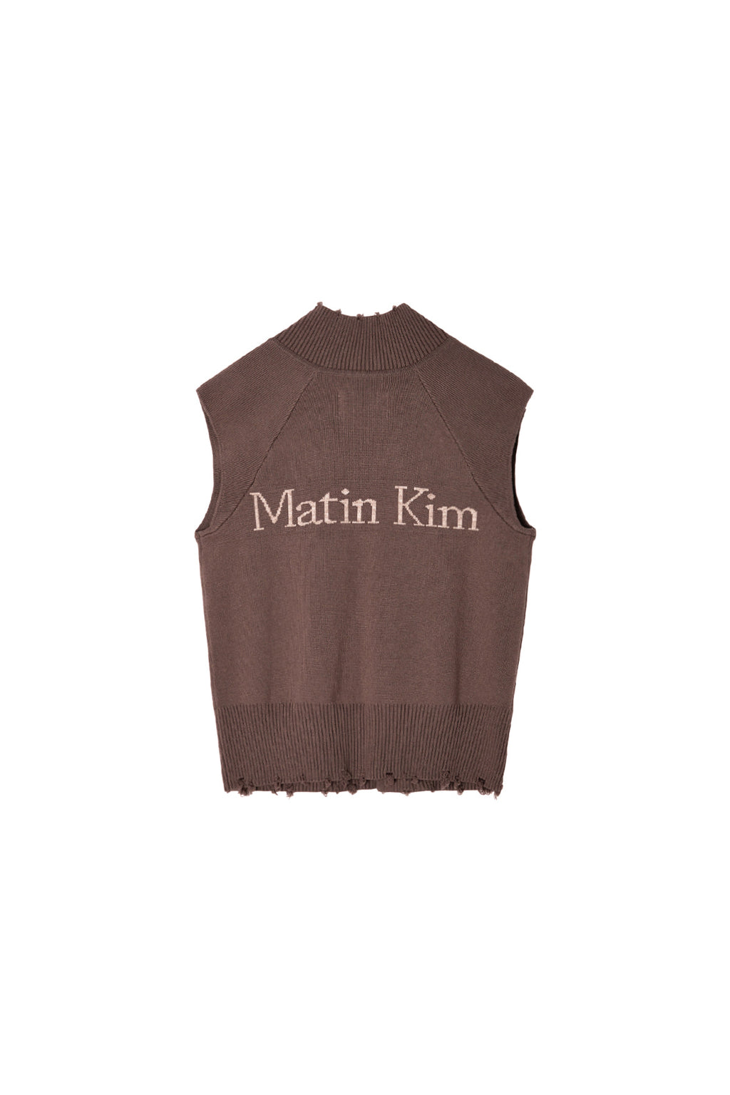 [matinkim] HIGH NECK LOGO KNIT ZIP UP VEST IN BROWN