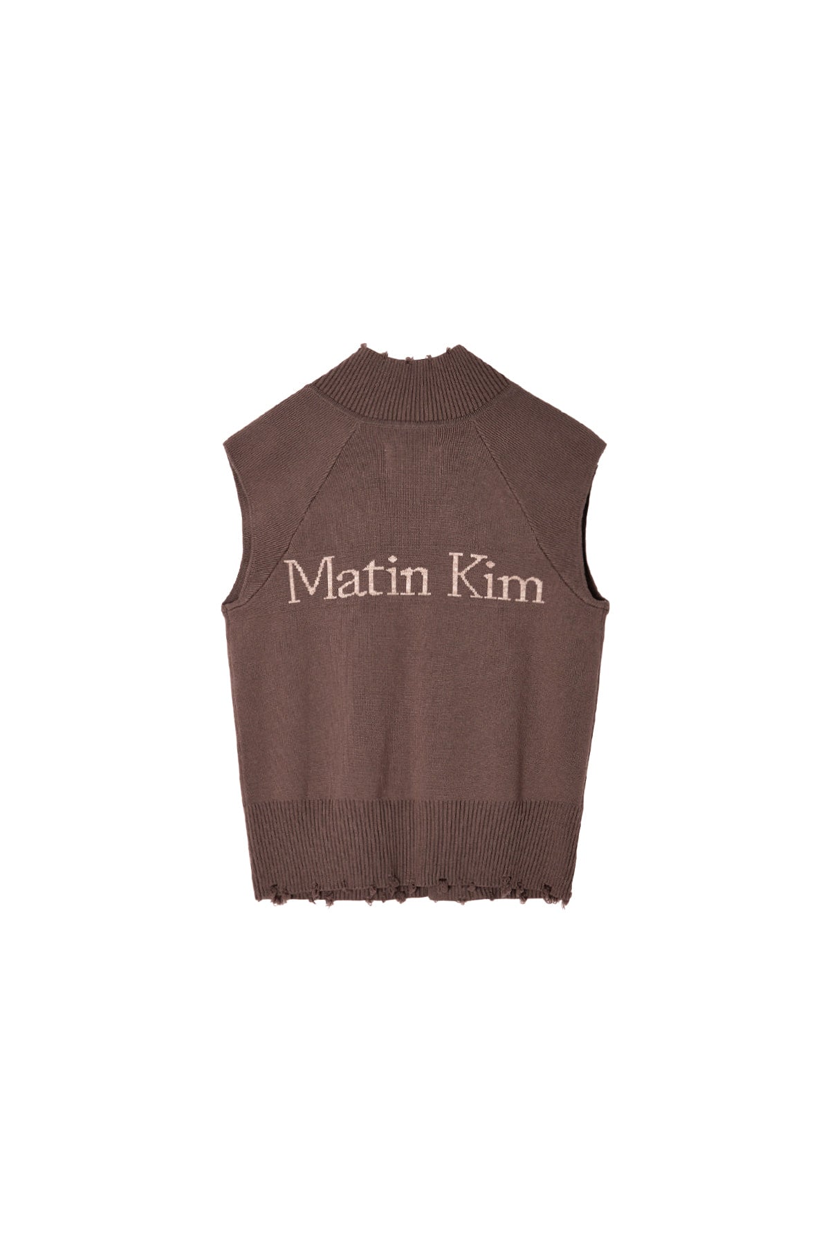 [matinkim] HIGH NECK LOGO KNIT ZIP UP VEST IN BROWN