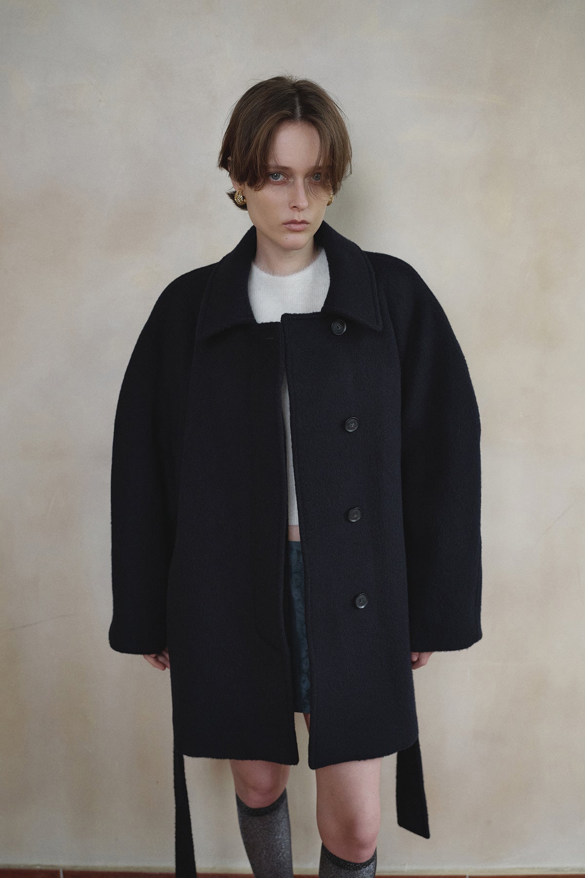 Overdueflair Volume Sleeve Wool Half Coat Navy