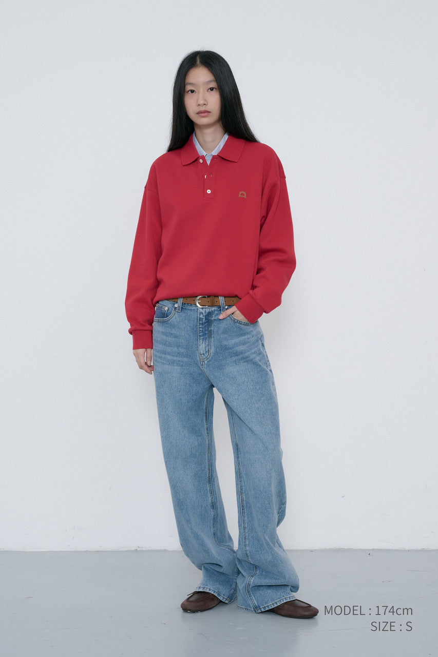 Dunst Unisex Leather Logo Collared T-Shirt Red