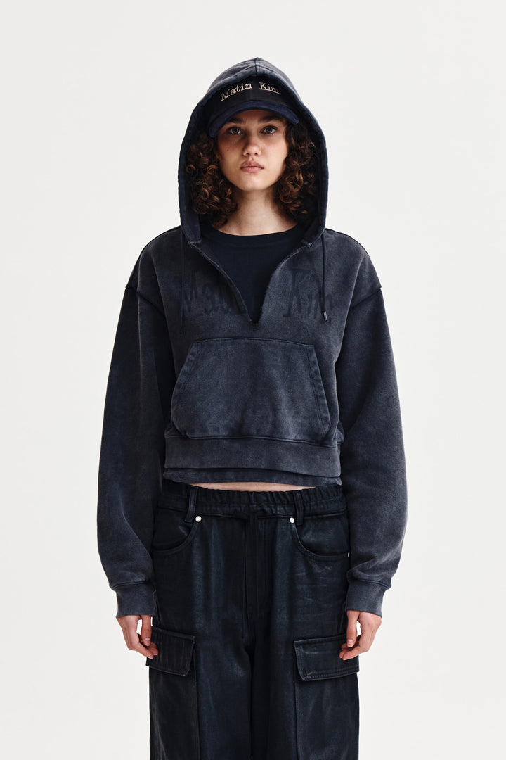 Matinkim Washed Layered Crop Hoody IN Charcoal