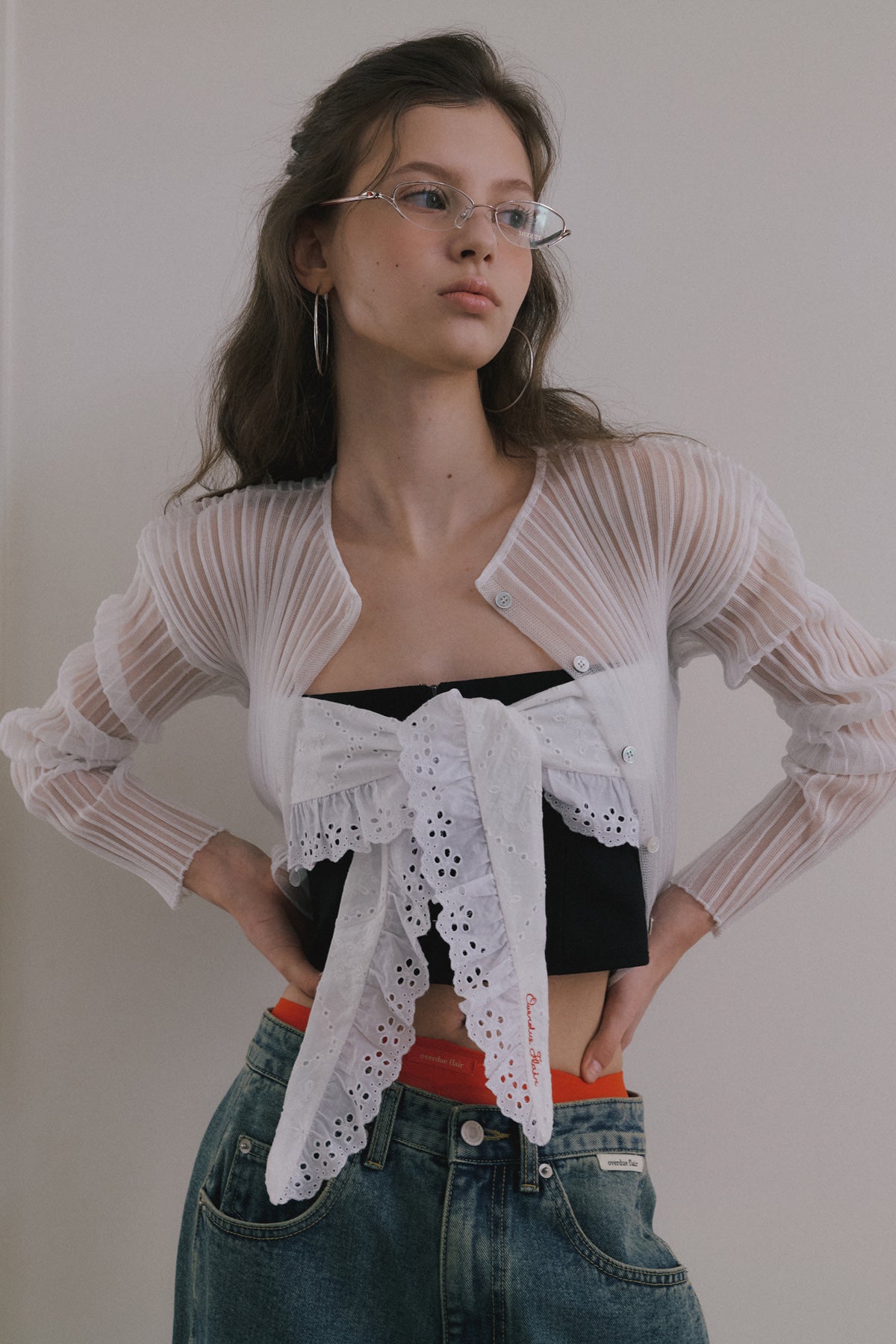 Overdueflair Sheer Glossy Ribbed Cardigan White
