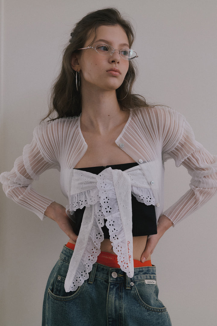 Overdueflair Sheer Glossy Ribbed Cardigan White