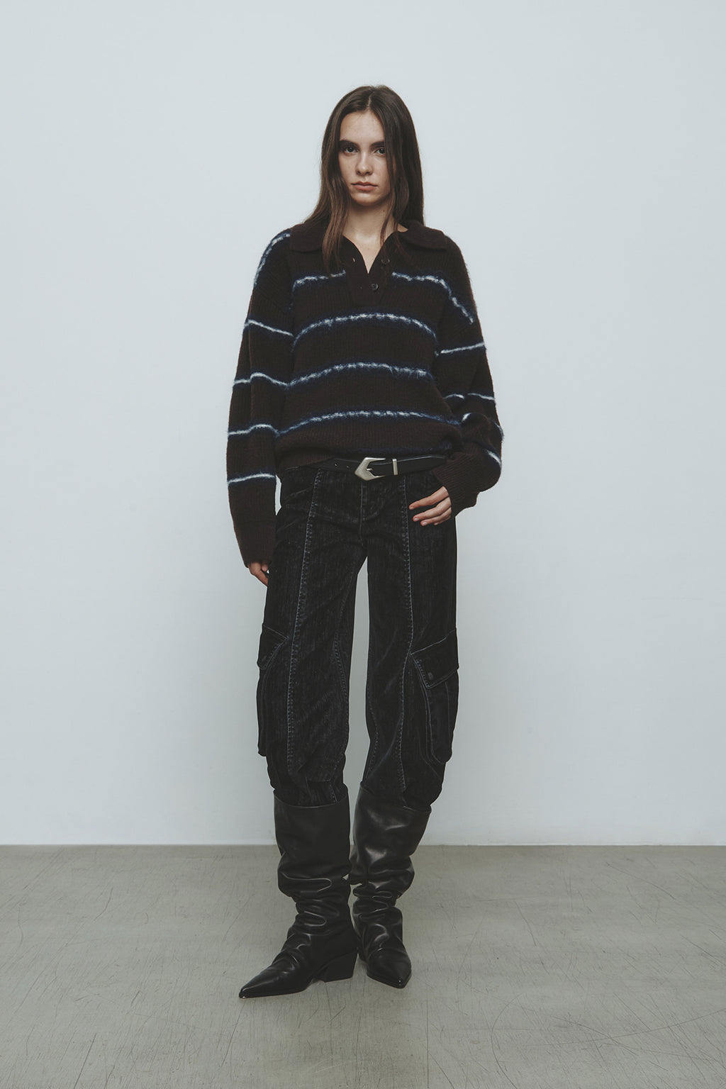 [matinkim] Hairy Stripe Pique Knit Top IN Brown