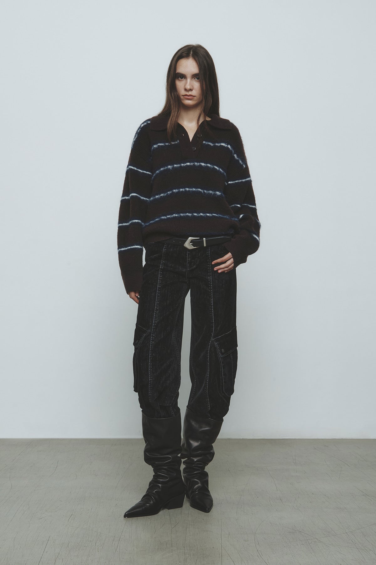 [matinkim] Hairy Stripe Pique Knit Top IN Brown