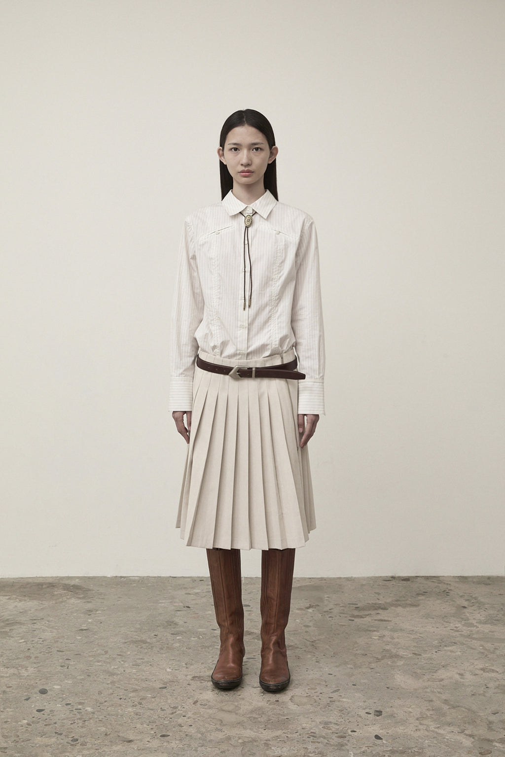 Matinkim Side Zipper Pleats Midi Skirt IN Light Beige