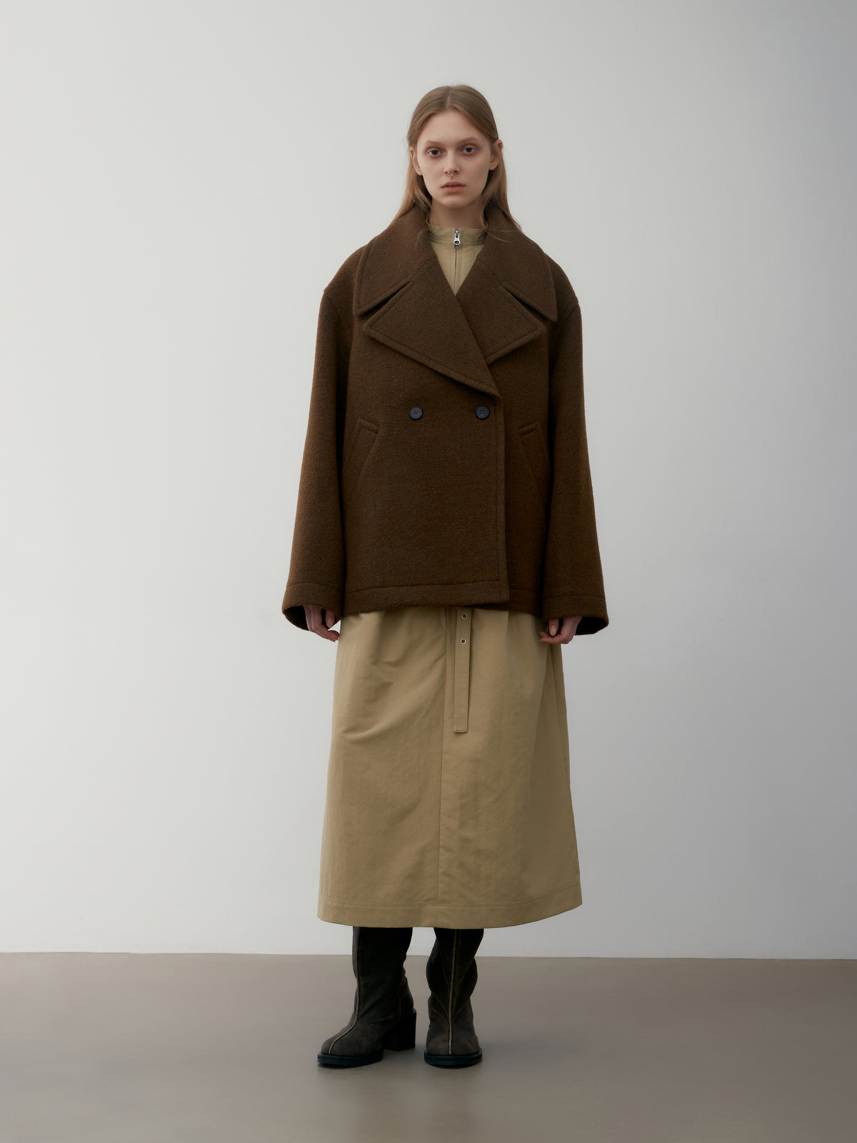 Low Classic Fluffy Wool Wide Collar Half Coat Brown