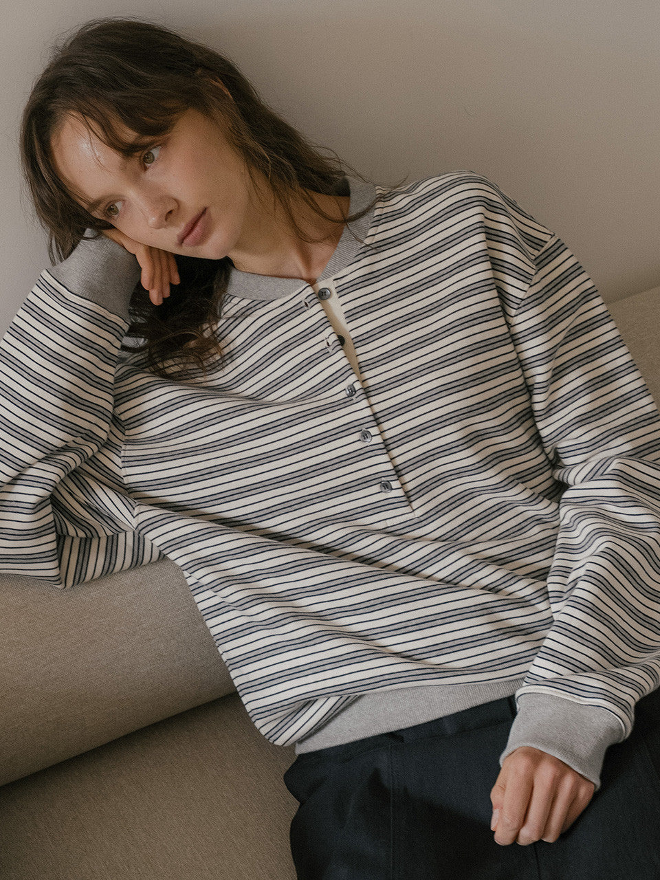 Tillidie Stripe henry sweatshirt Ivory