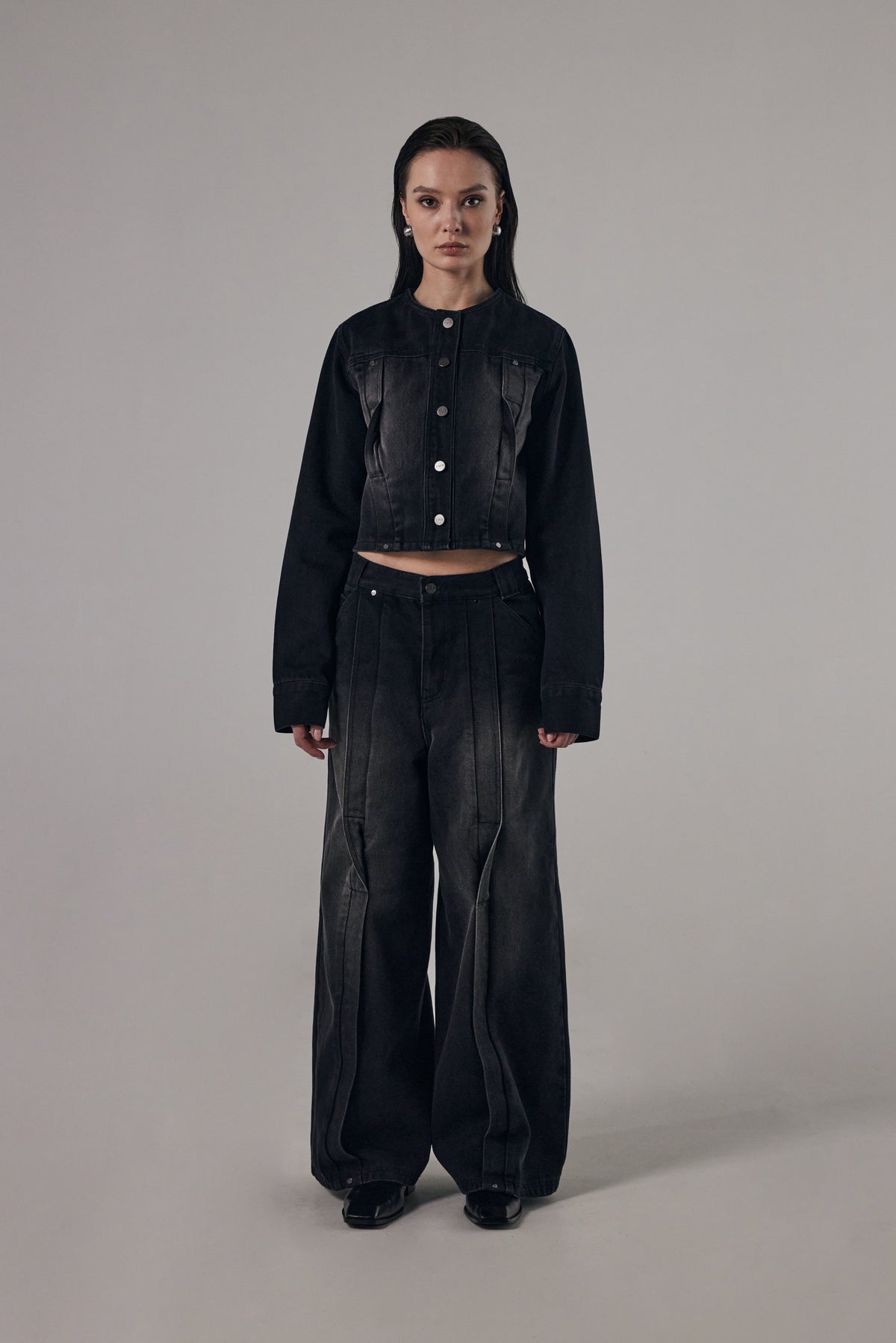 Treemingbird Twisted Non-collar Denim Set-up Jacket Black