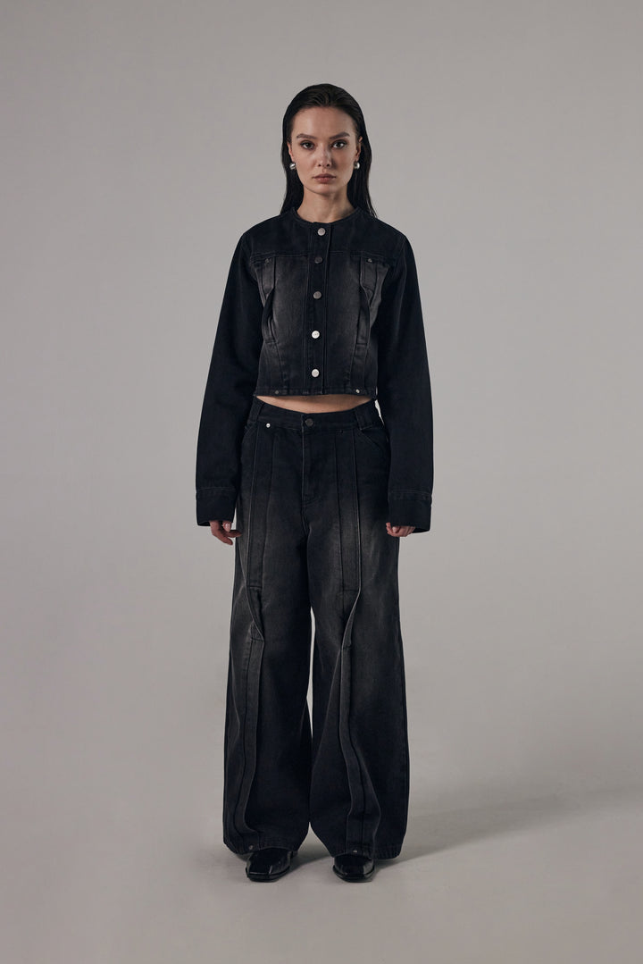 Treemingbird Twisted Non-collar Denim Set-up Jacket Black