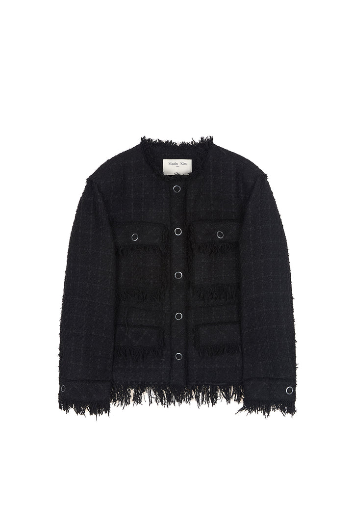 Matinkim Two Way Collarless Tweed Jacket IN Black