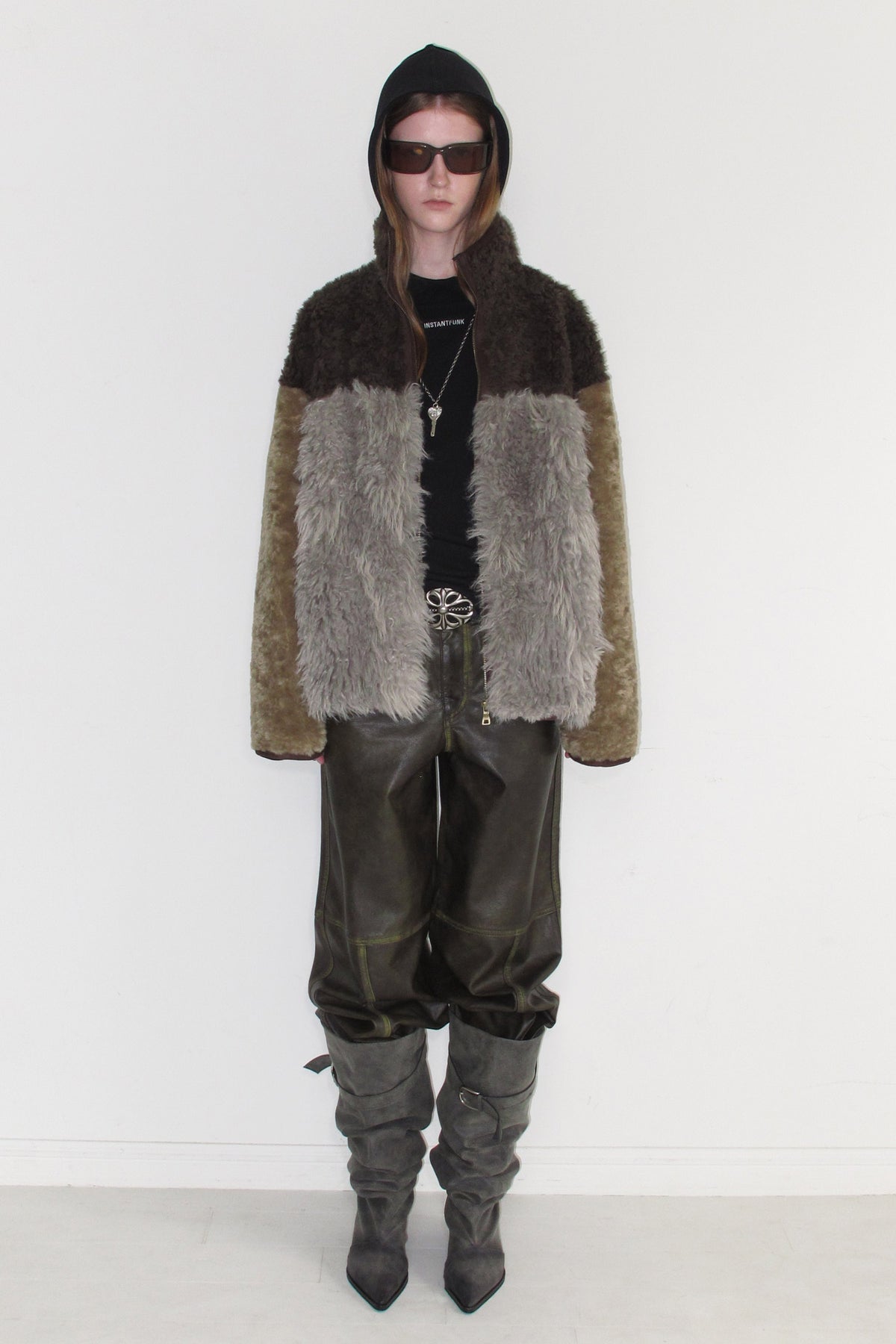 Instantfunk Mixed Fur Fleece Zipup Jacket - Khaki