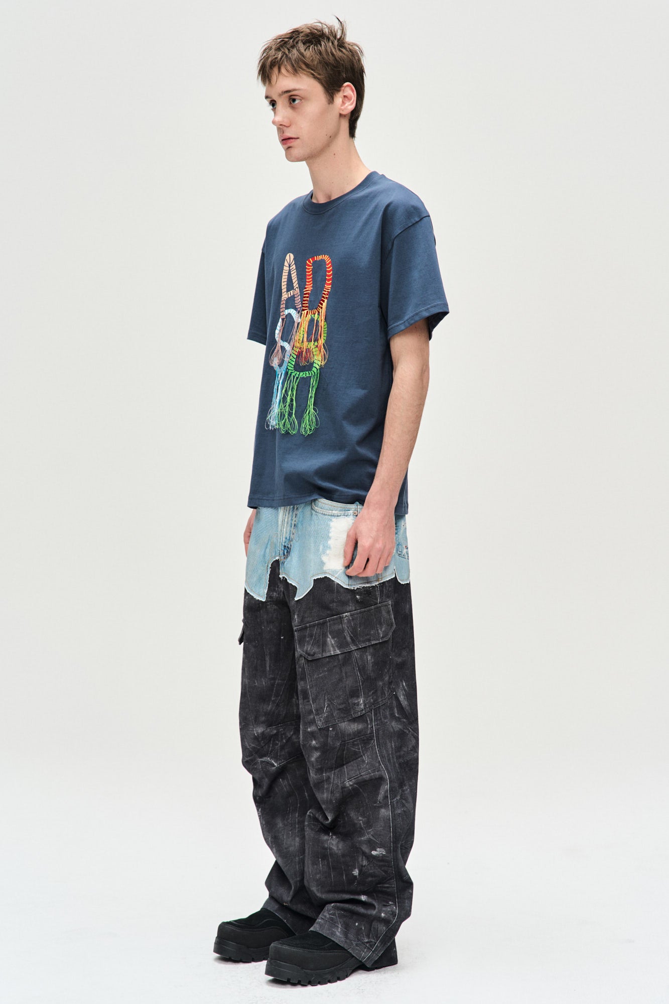 Andersson Bell Faux-Denim & Scratch Leather Printed Cargo-Pants