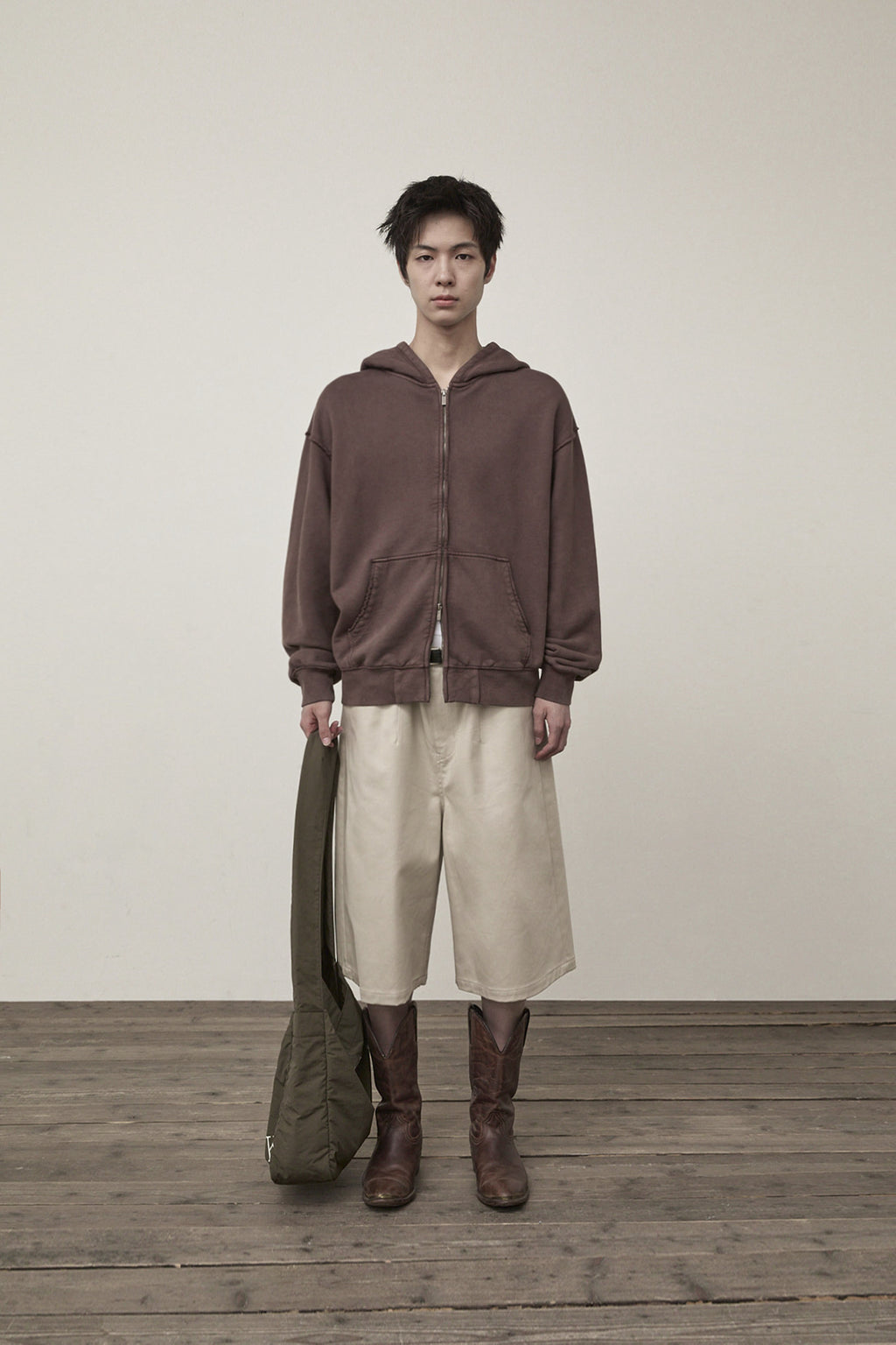 [matinkim] Back Logo Washed Hoody Zip UP For Men IN Cocoa
