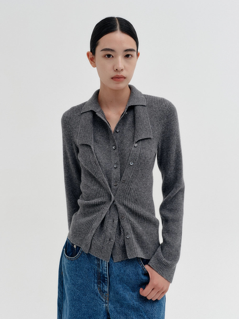 EENK Double Layer Front Cardigan - Gray
