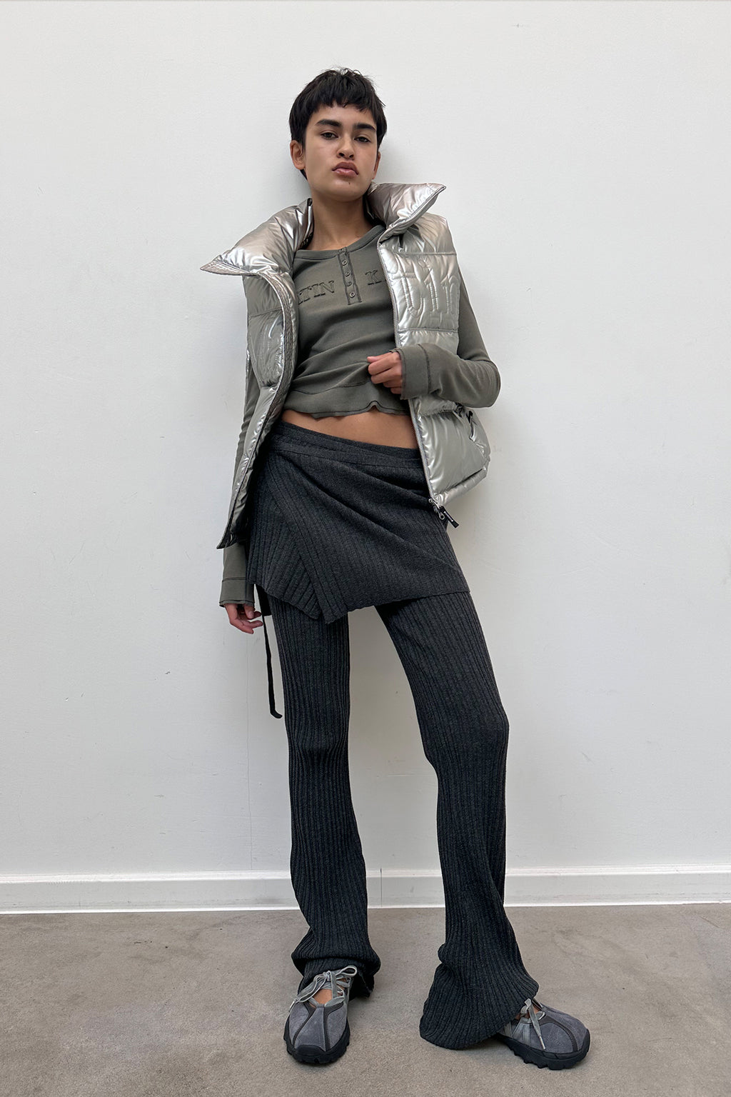 [matinkim] LAYERED KNIT STRING WRAP SKIRT IN CHARCOAL