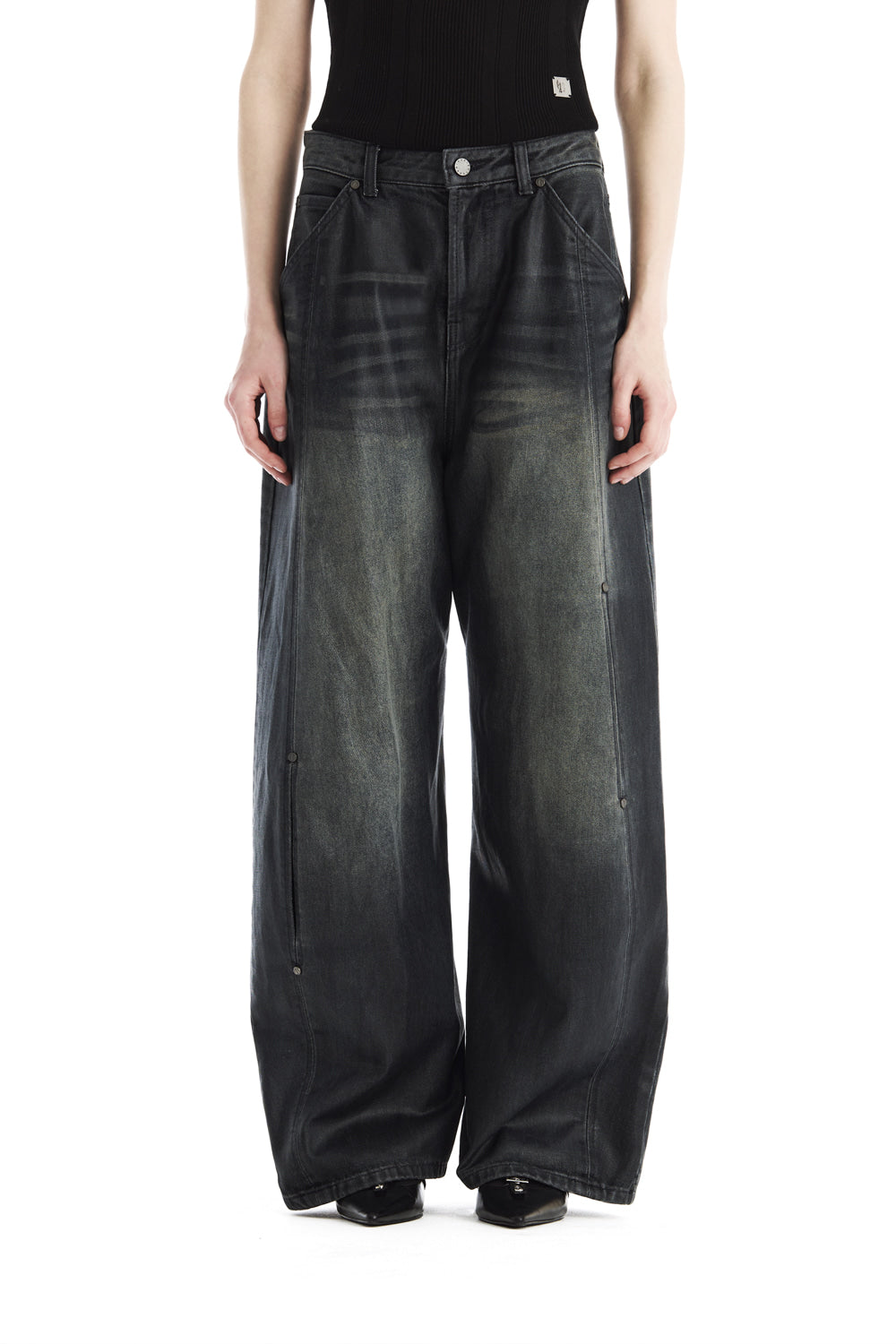 Treemingbird Rivet Slit Coated Denim Pants Dark Navy