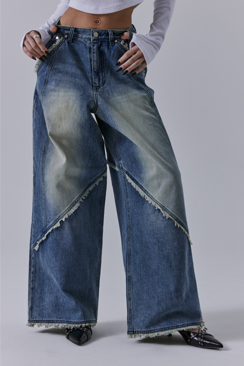 Treemingbird Incision Tassel Denim Pants Blue