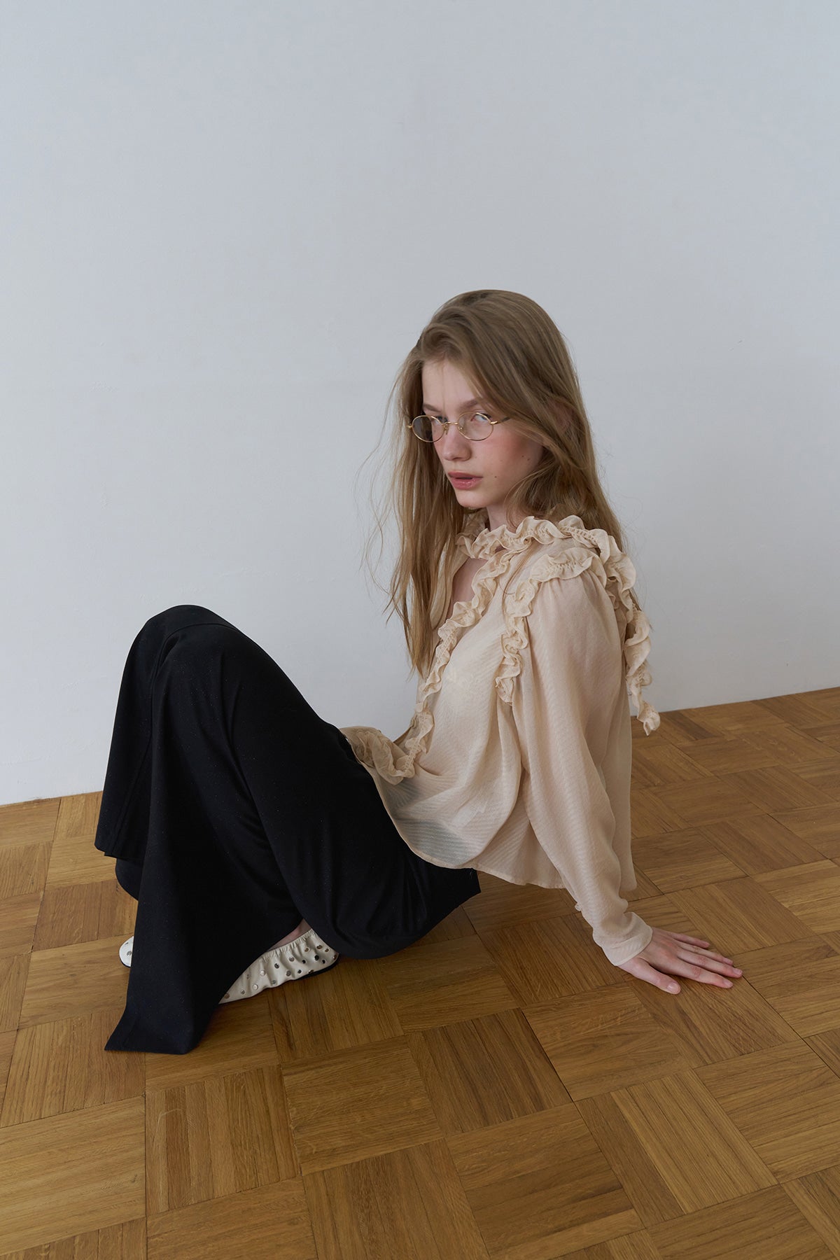 Overdueflair Sheer Ruffled Chiffon Blouse Beige
