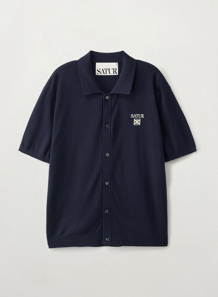 Satur Collar Half Knit Cardigan - Navy
