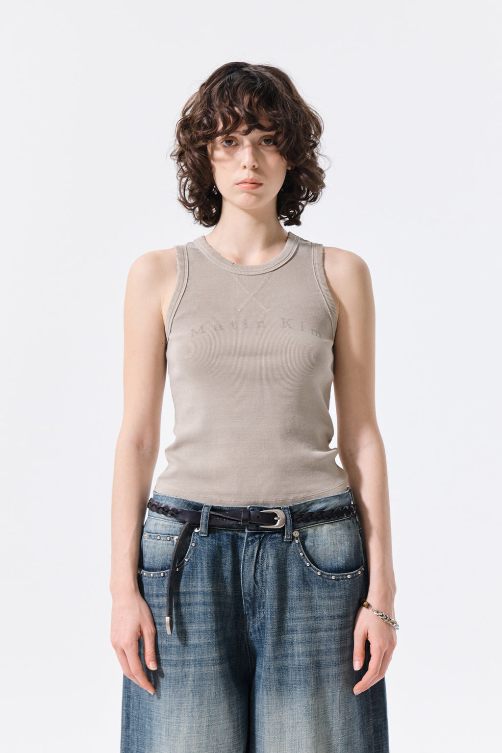 Matinkim Distressed Sleeveless Logo Top IN Beige