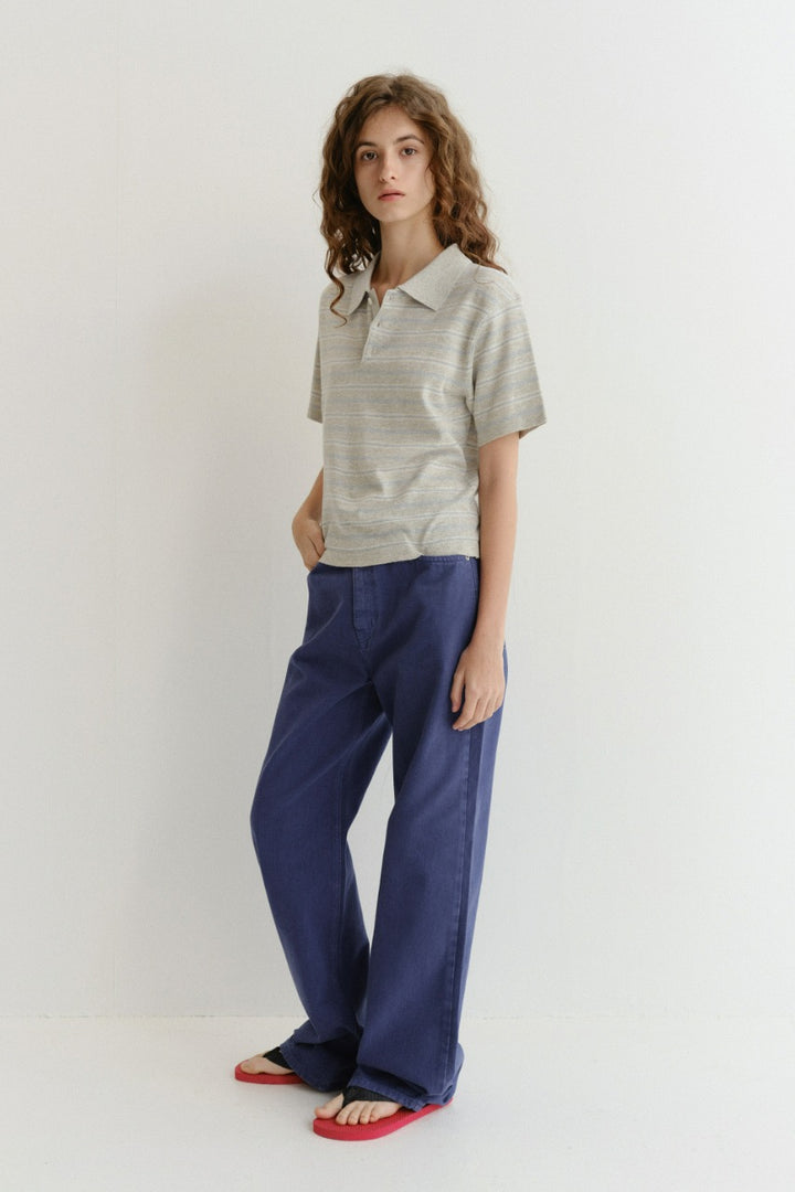 Dunst Unisex Striped Polo Knit Grey Soft Blue