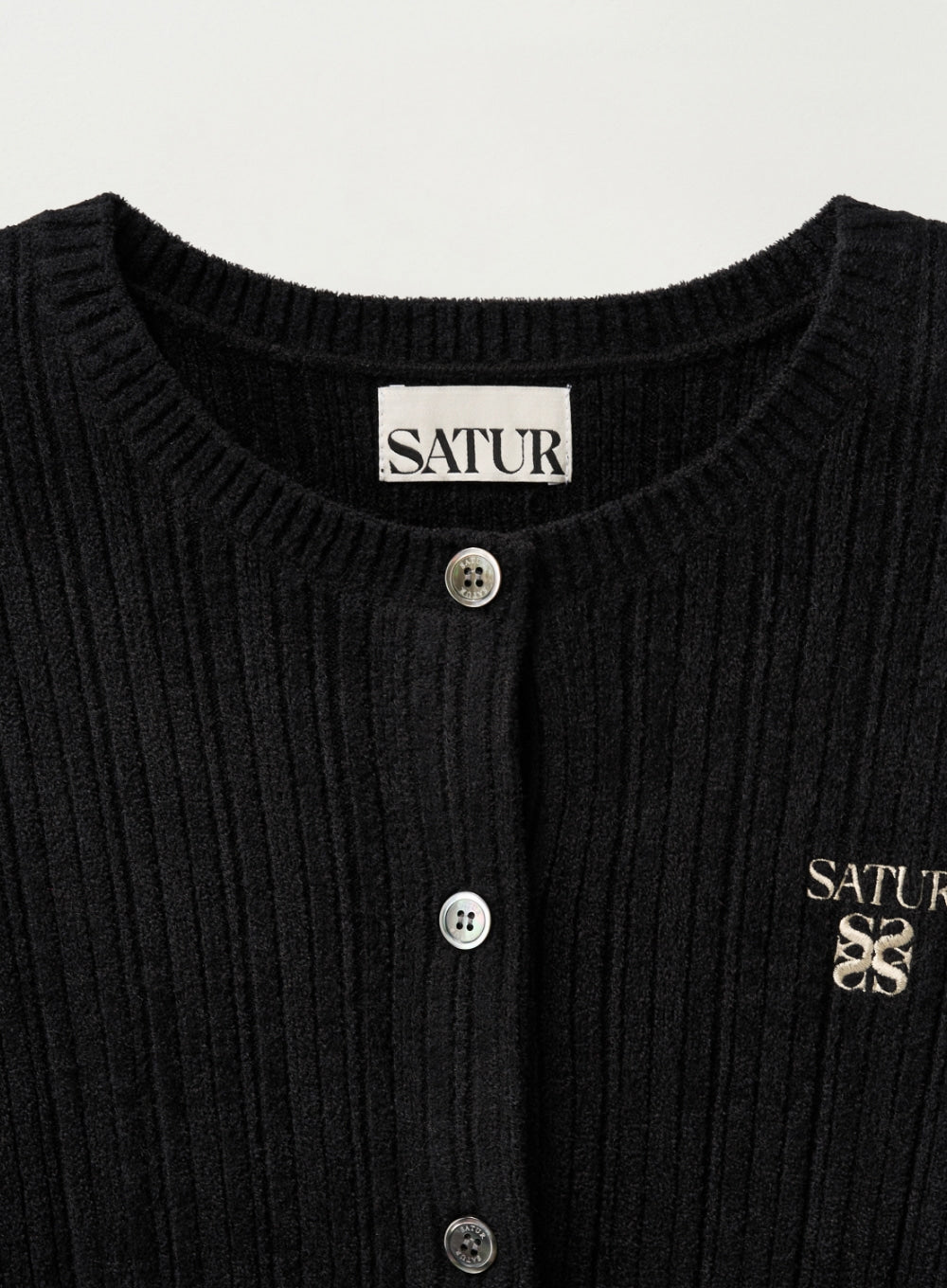 [satur] (W) Fleece Crew Neck Cardigan - Black
