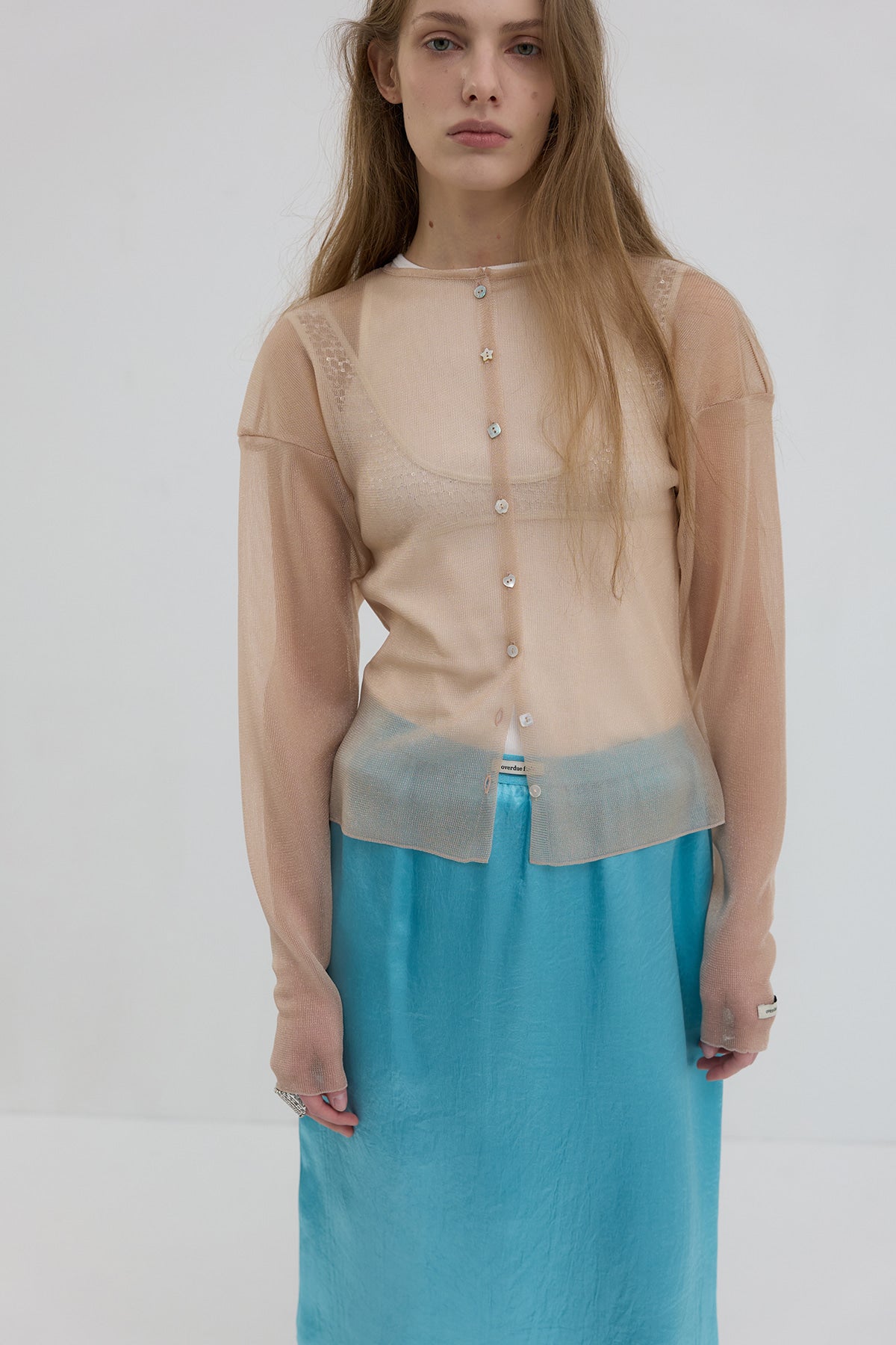Overdueflair Sheer Glossy Cardigan Nude Beige