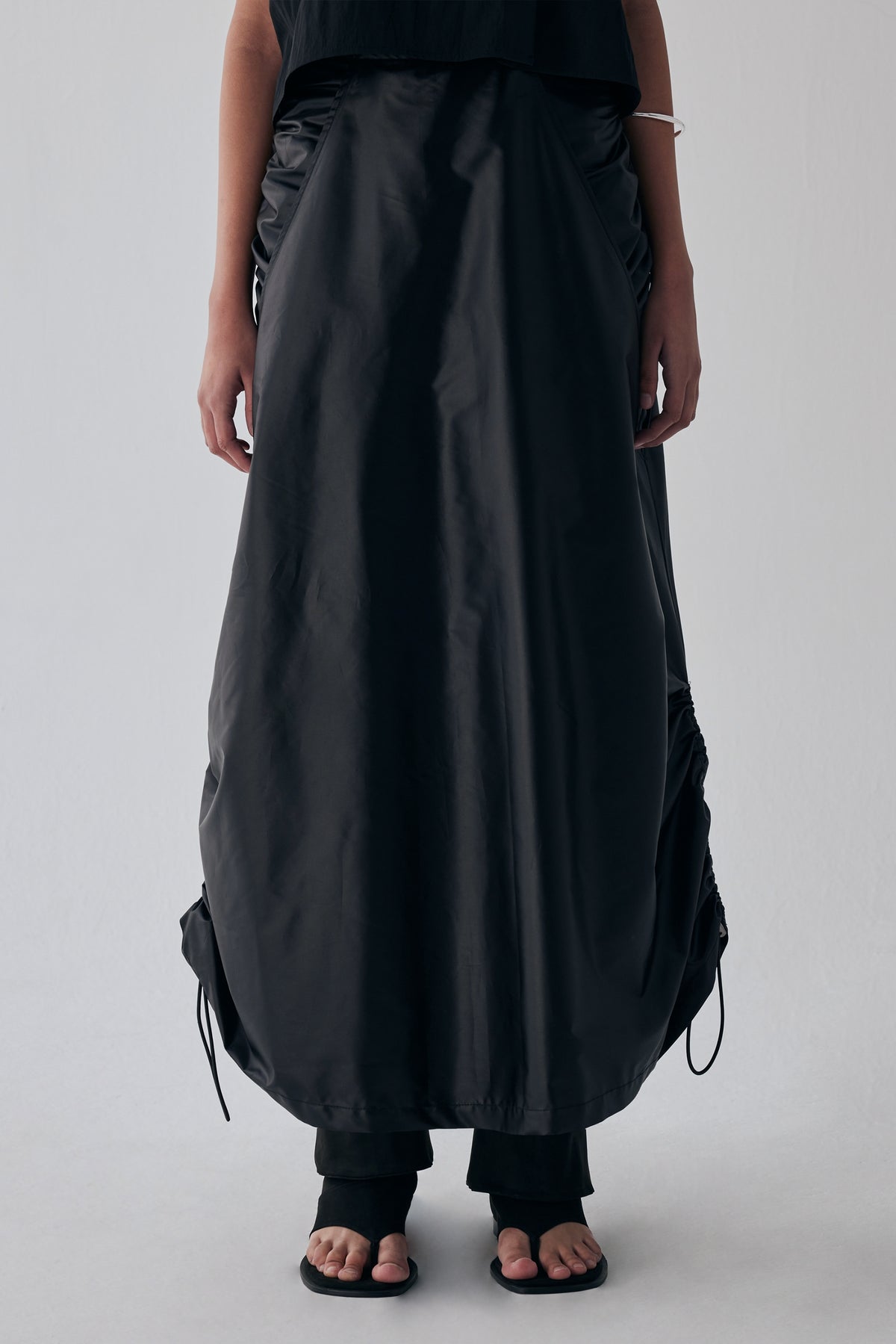 Treemingbird Shirring Layered Long Skirt Black