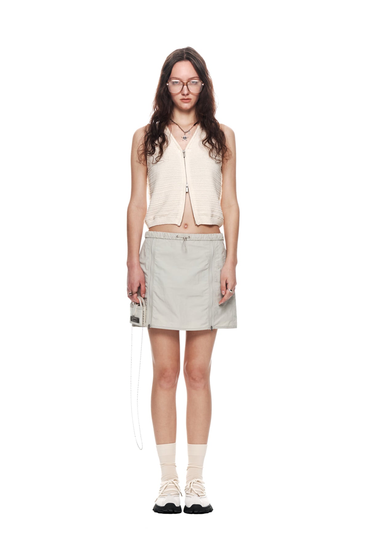 Matinkim Double Zipper Point Banding Mini Skirt IN Beige