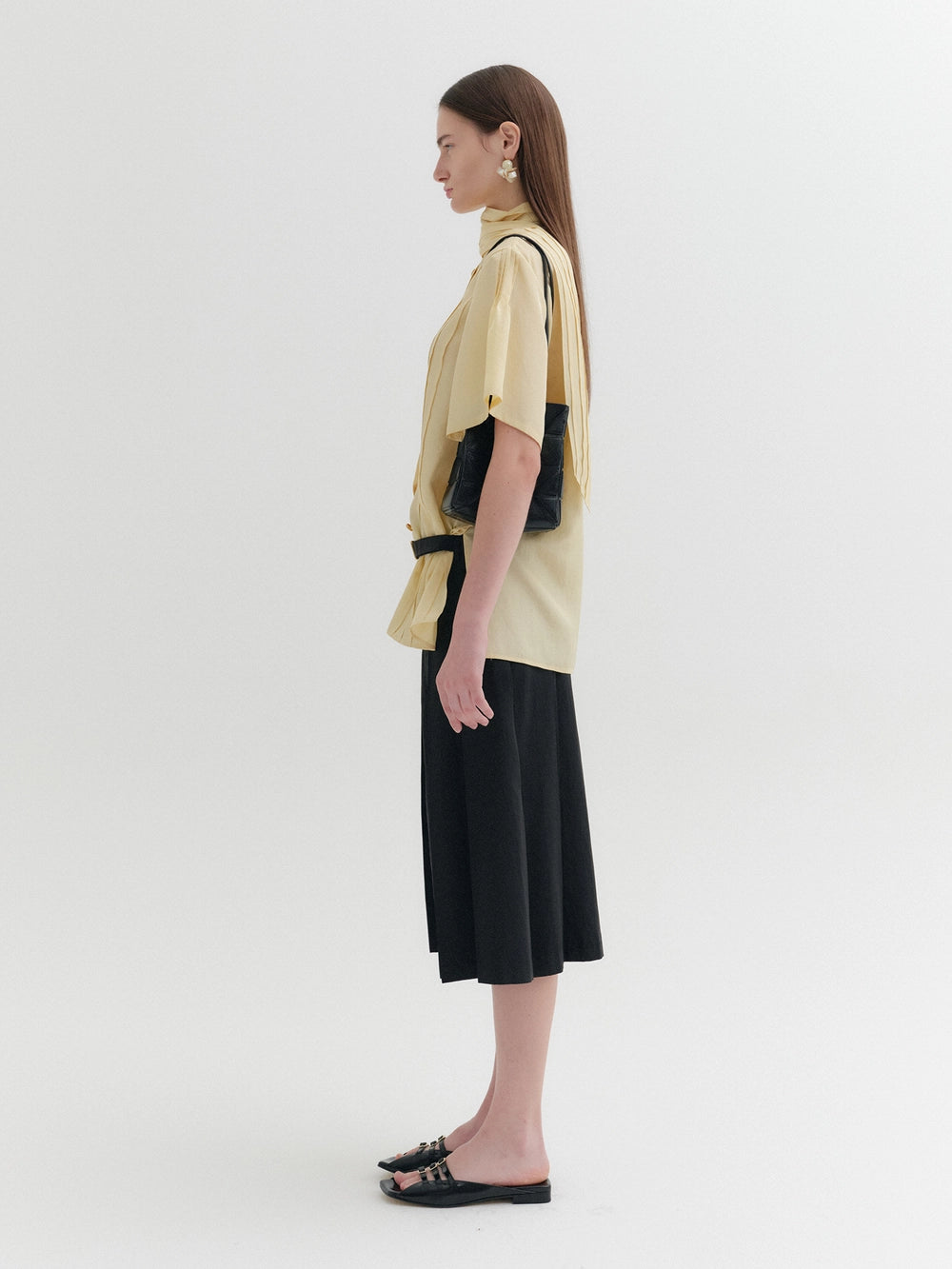 EENK Belted Pleated Midi Skirt - Black