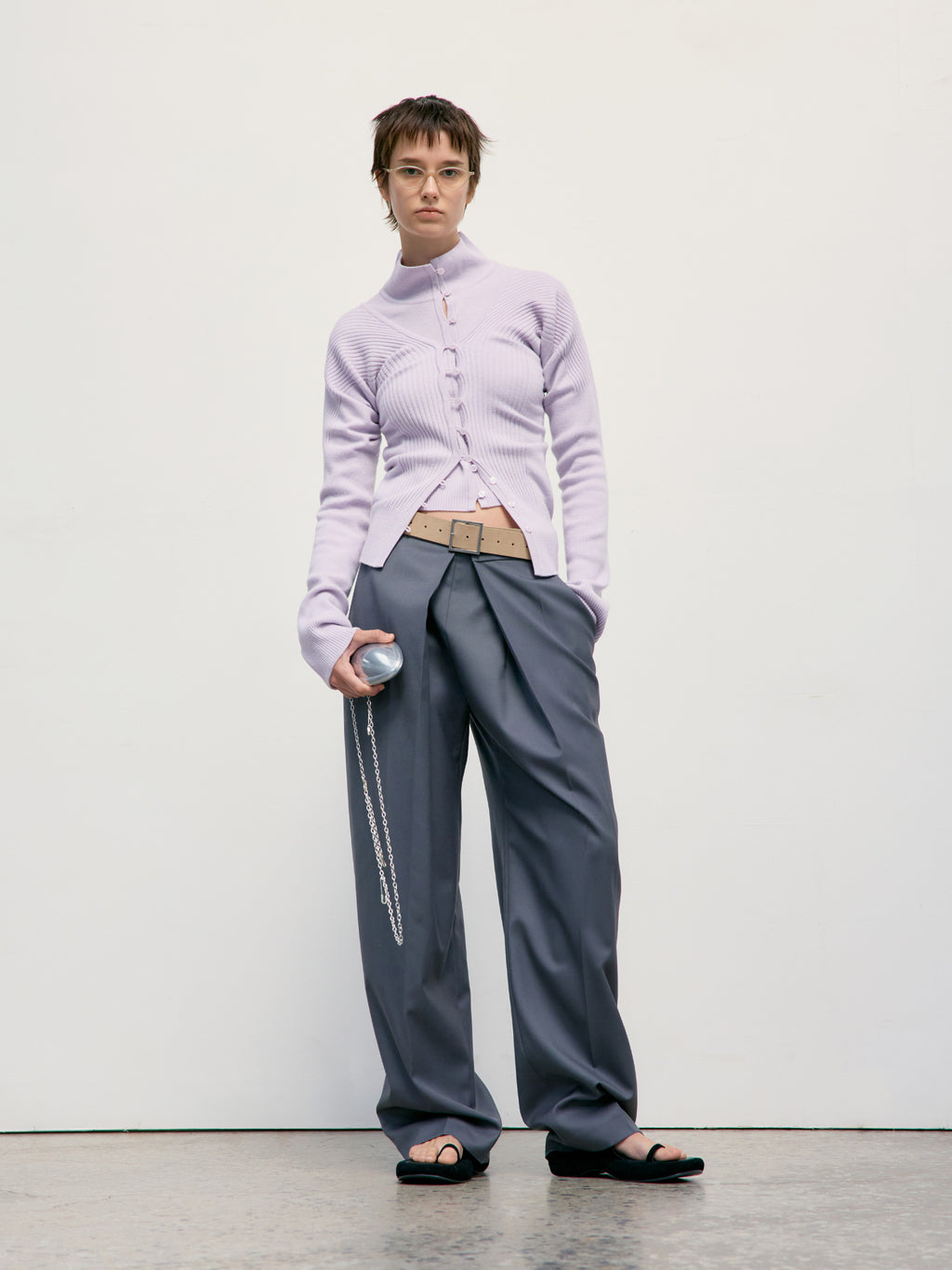 Low Classic High Neck Knit Cardigan Lavender