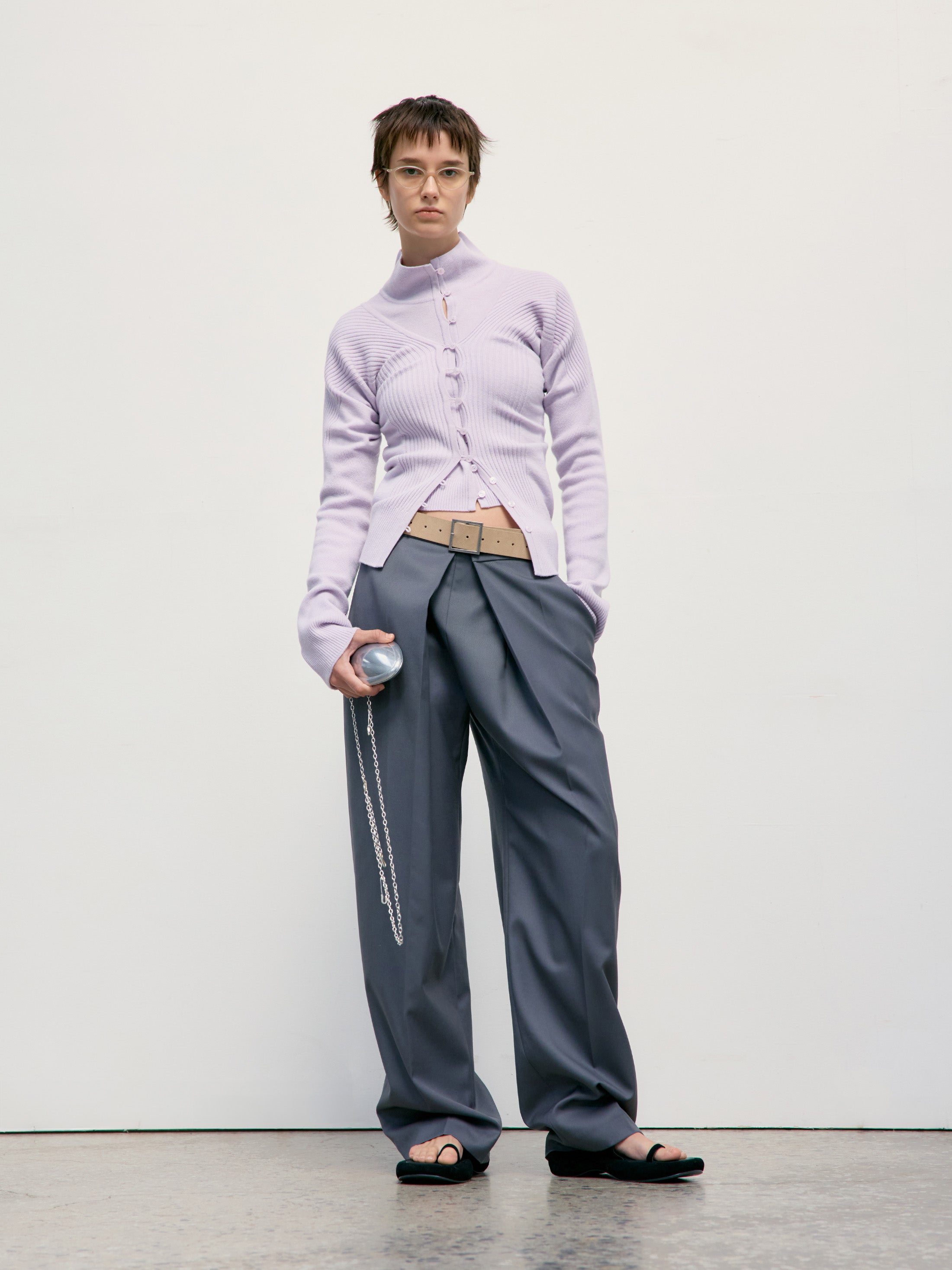 Low Classic High Neck Knit Cardigan Lavender