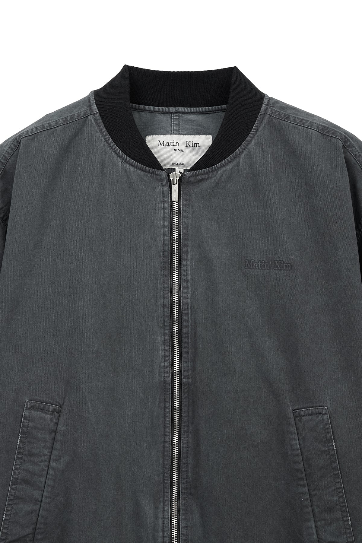 Matin Kim Vintage Washed Back Logo Jumper in Charcoal, premium Korean designer outerwear