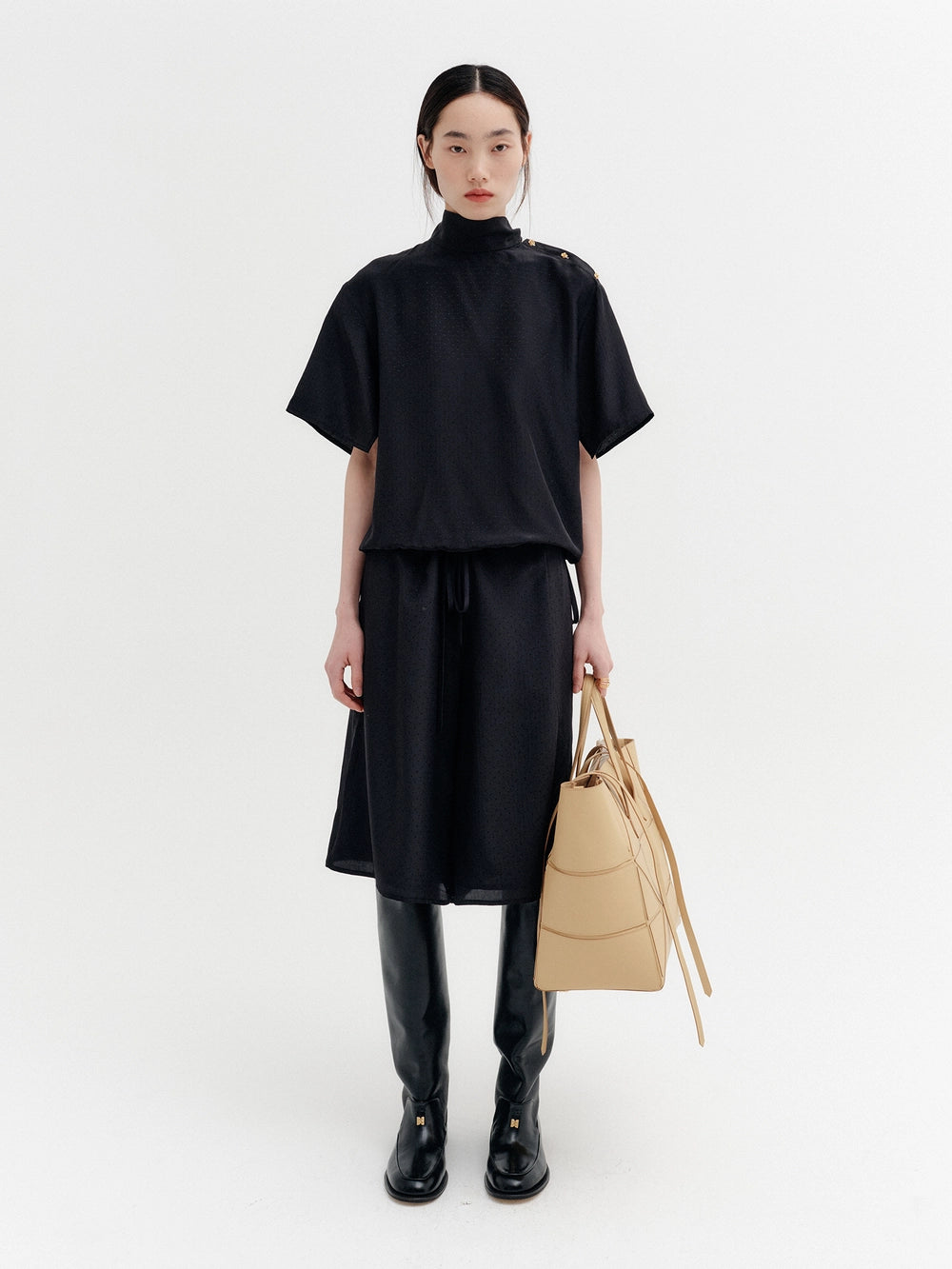 EENK Drawstring Waist Patterned Pants - Black
