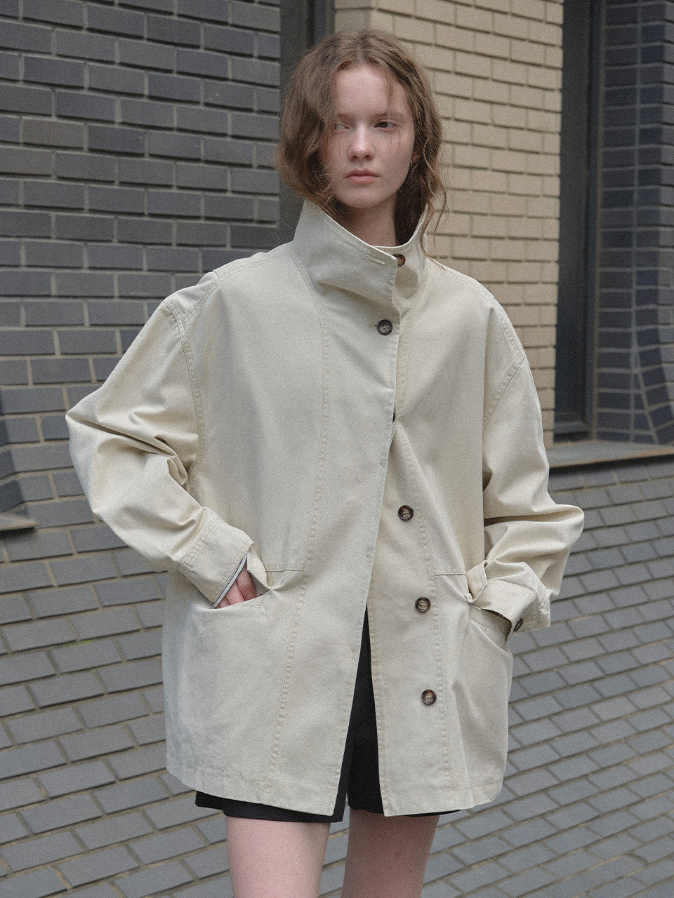 Tillidie Washed cotton high neck jacket Beige
