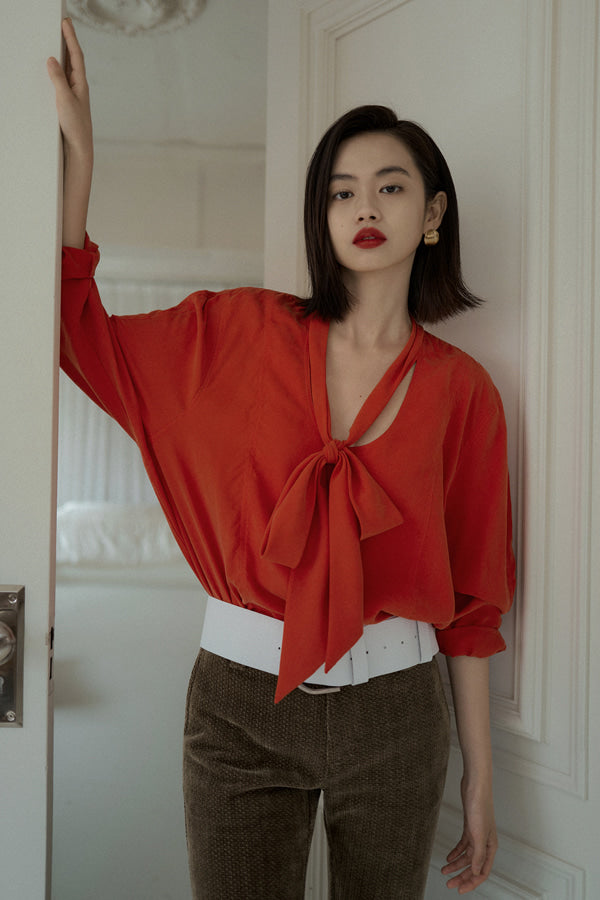 Overdueflair U Neck Long Tie Blouse Vintage Red