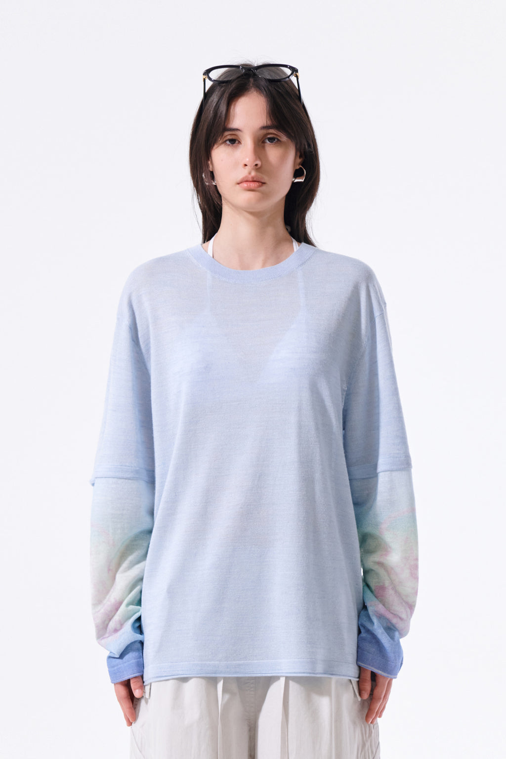 Matinkim Sleeve Print Knit Pullover IN Light Blue