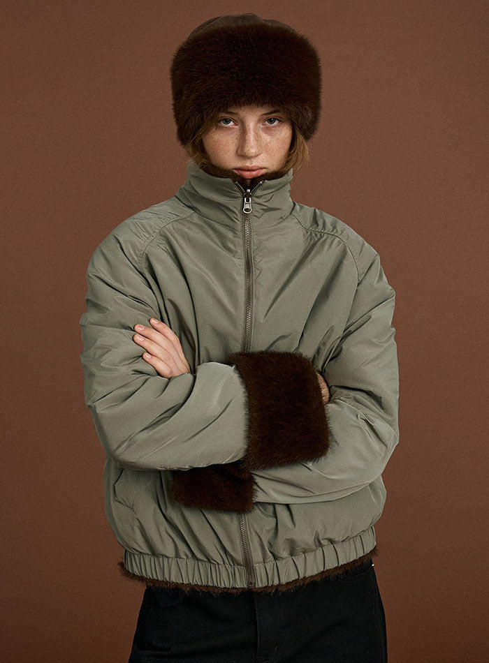 Mango Maniplease Lune Fur Reversible Bomber Ash Khaki
