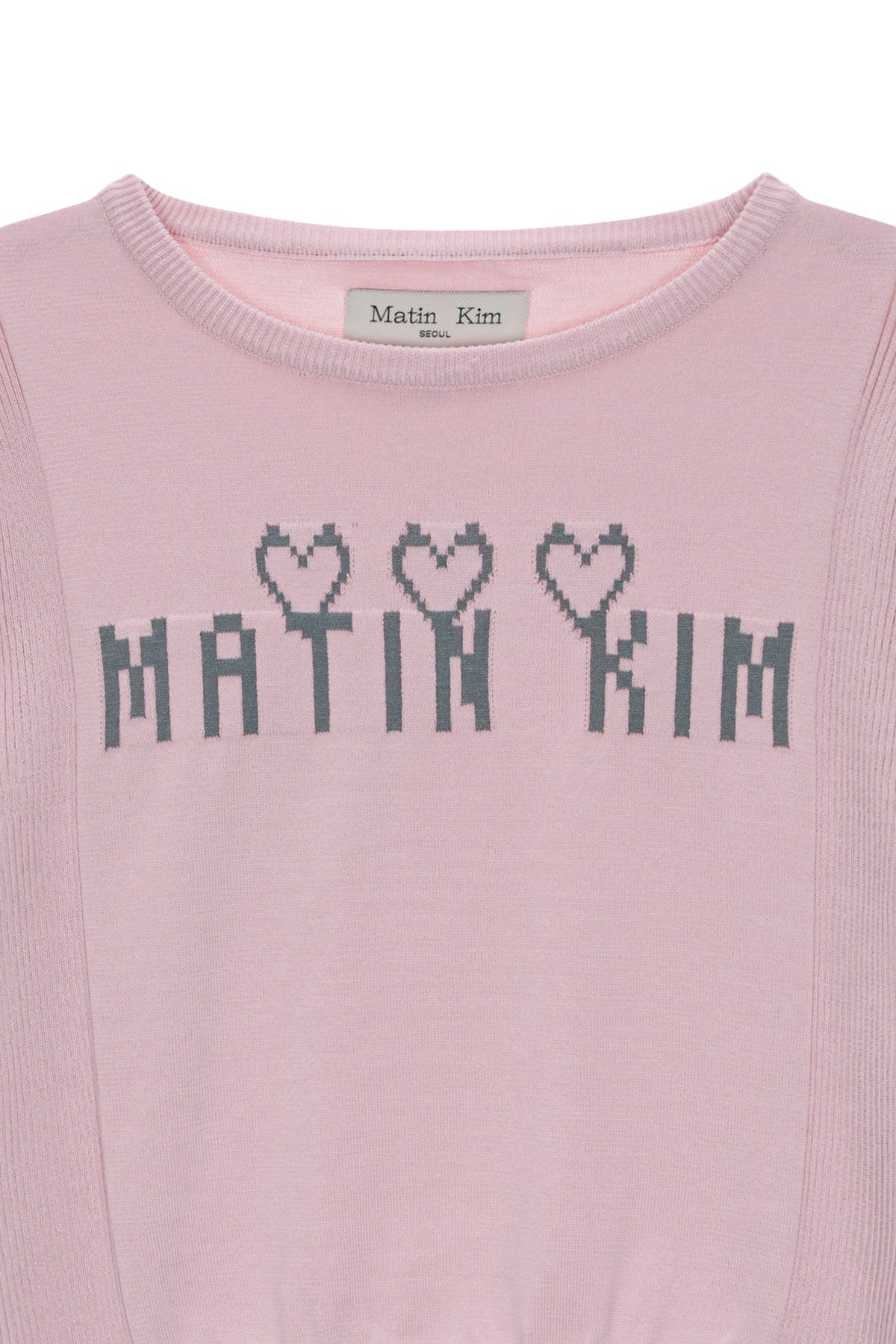 [matinkim] LOGO POINT JACQUARD KNIT CROP TOP IN LIGHT PINK