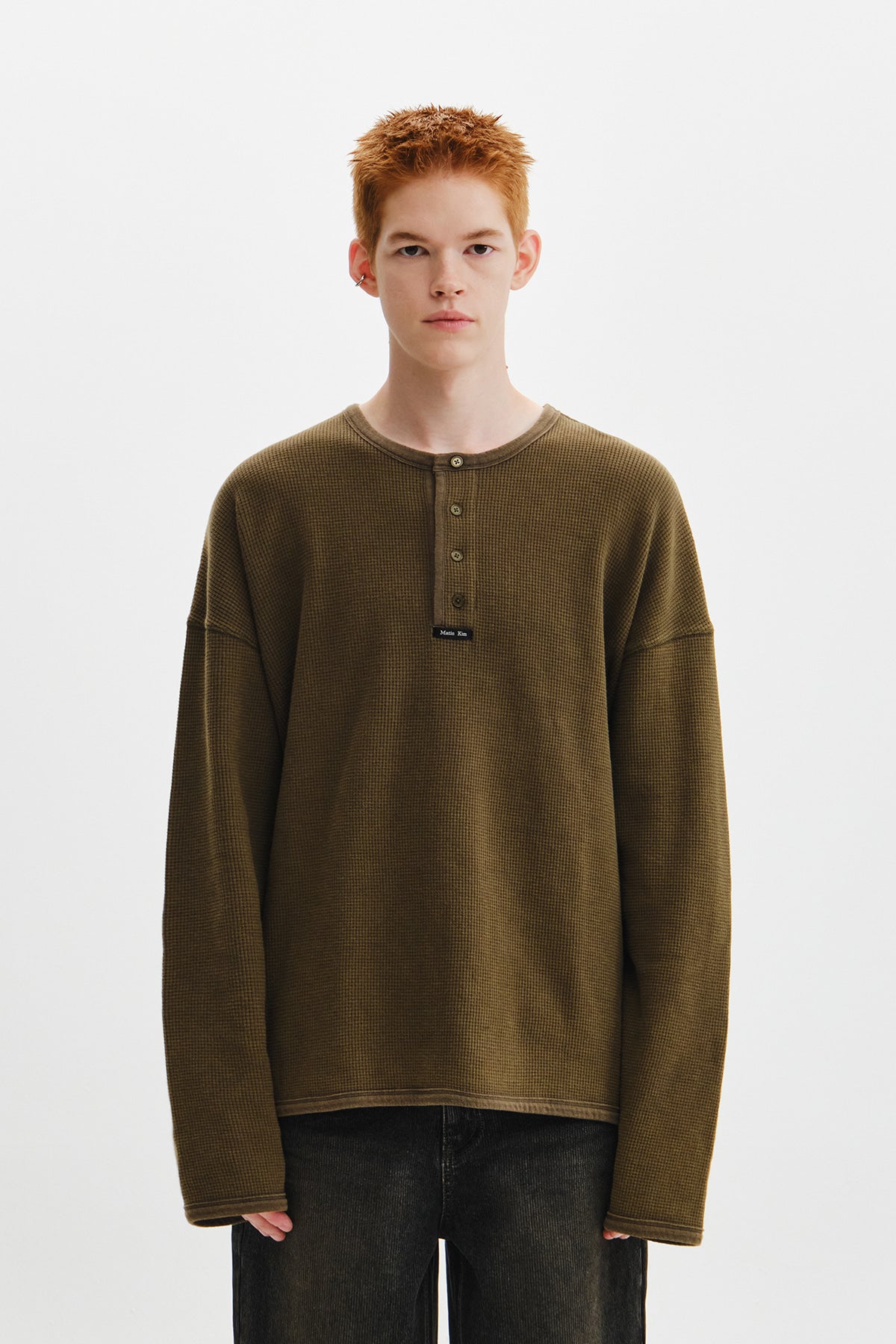 Matinkim Matin Washed Waffle Henley Neck Top For Men IN Khaki