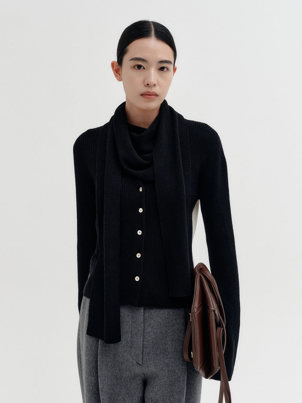 EENK Scarf Layered Knitwear Cardigan - Black
