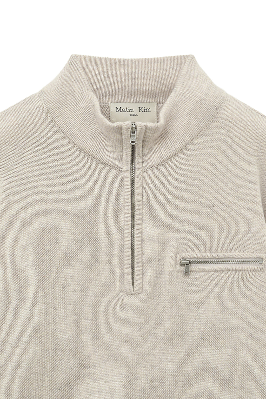 [matinkim] BACK LOGO HALF KNIT ZIP UP PULLOVER FOR WOMEN IN LIGHT BEIGE
