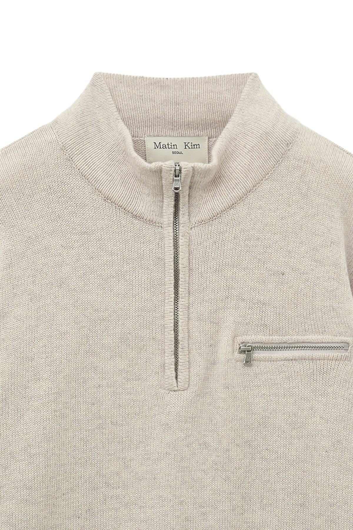 [matinkim] BACK LOGO HALF KNIT ZIP UP PULLOVER FOR WOMEN IN LIGHT BEIGE