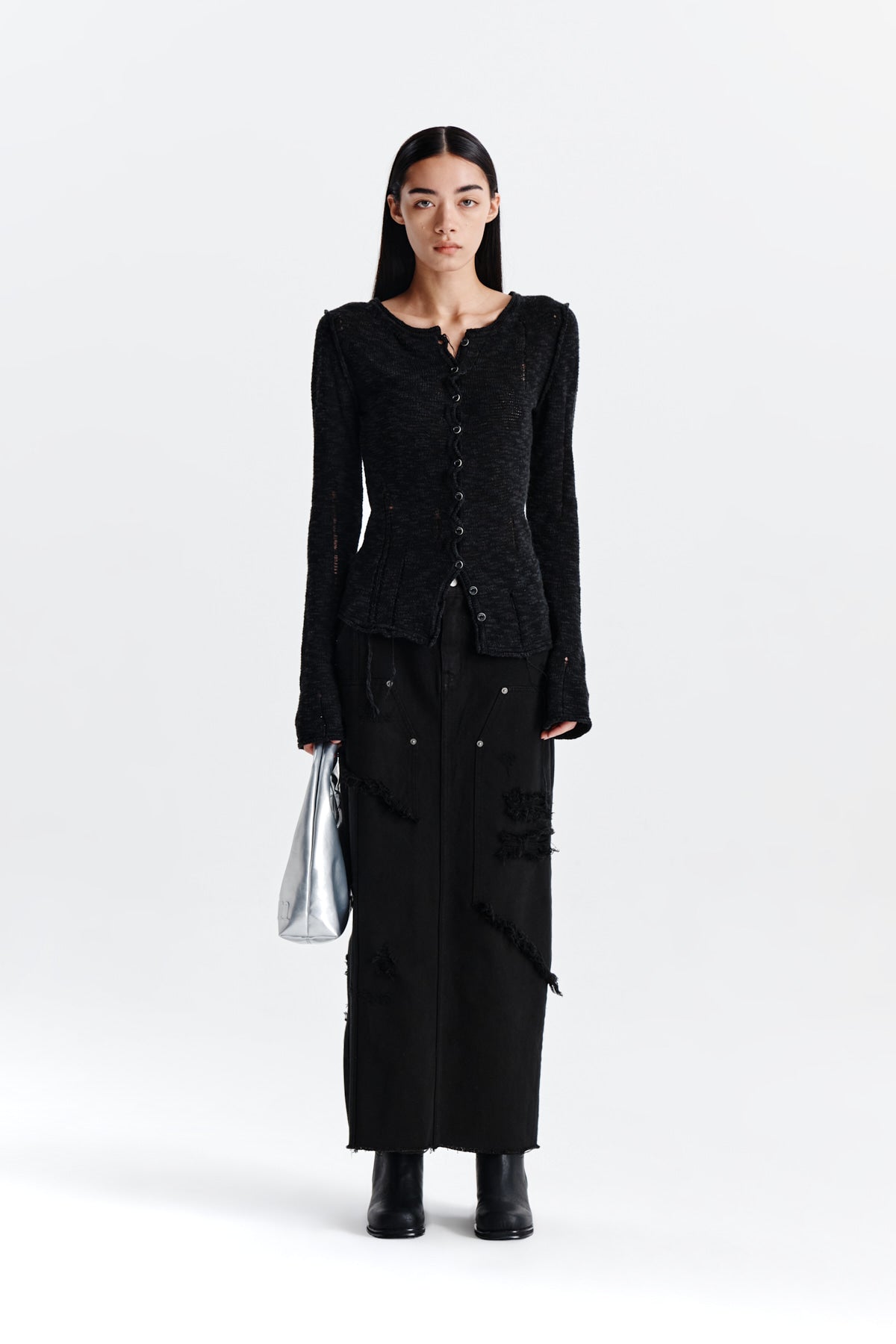Matinkim Unbalance Damage Denim Skirt IN Black