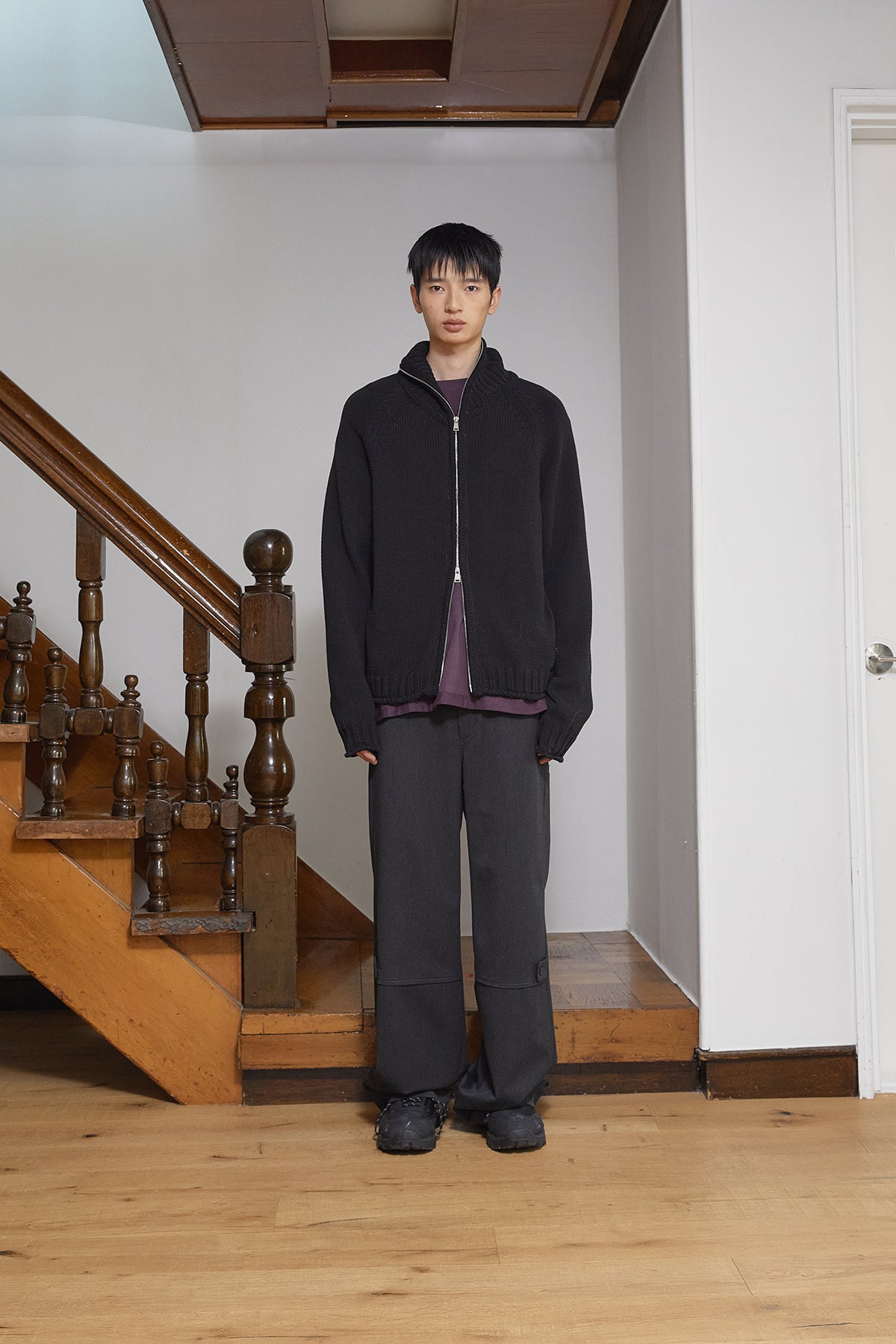 [matinkim] APPLIQUE LOGO PATCH KNIT ZIP UP FOR MEN IN BLACK