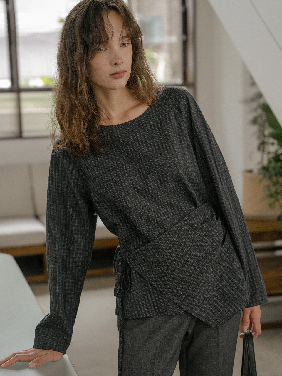 Tillidie Wrap check blouse Charcoal
