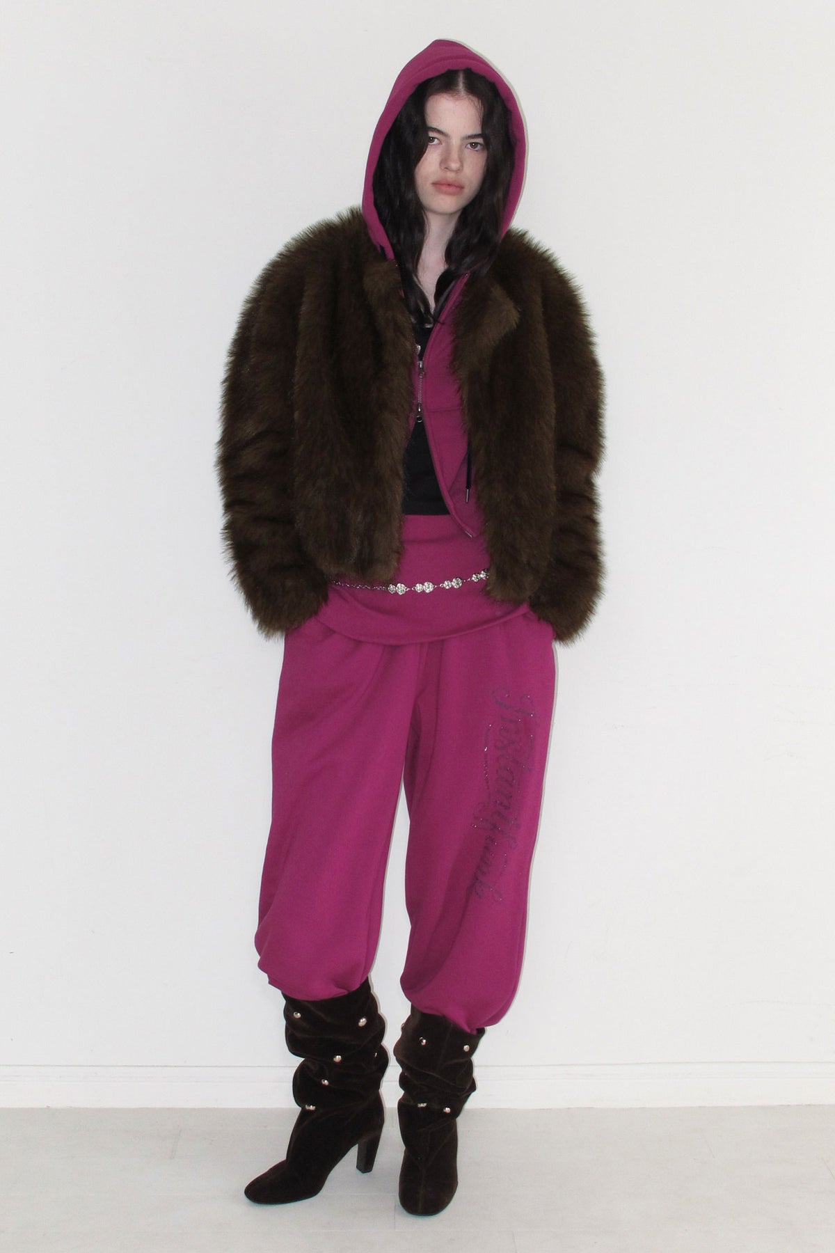 Instantfunk Rhinestone Folded Waist Sweat Pants - Purple